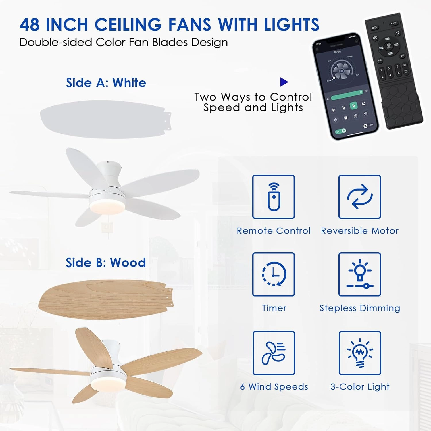 48 Inch Ceiling Fan with Light, White Flush Mount Ceiling Fan with Remote and APP Control, Dimmable and 6 Wind Speed, Modern Low Profile Fan Light for Bedroom, Covered Outdoor