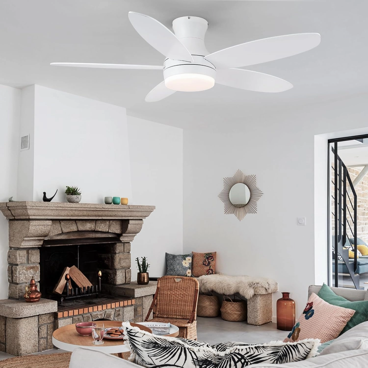 48 Inch Ceiling Fan with Light, White Flush Mount Ceiling Fan with Remote and APP Control, Dimmable and 6 Wind Speed, Modern Low Profile Fan Light for Bedroom, Covered Outdoor