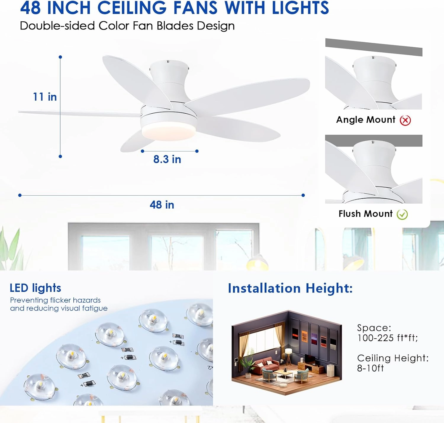 48 Inch Ceiling Fan with Light, White Flush Mount Ceiling Fan with Remote and APP Control, Dimmable and 6 Wind Speed, Modern Low Profile Fan Light for Bedroom, Covered Outdoor