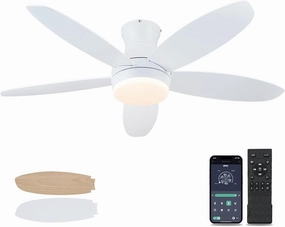 48 Inch Ceiling Fan with Light, White Flush Mount Ceiling Fan with Remote and APP Control, Dimmable and 6 Wind Speed, Modern Low Profile Fan Light for Bedroom, Covered Outdoor App-controlled remote fan for convenience