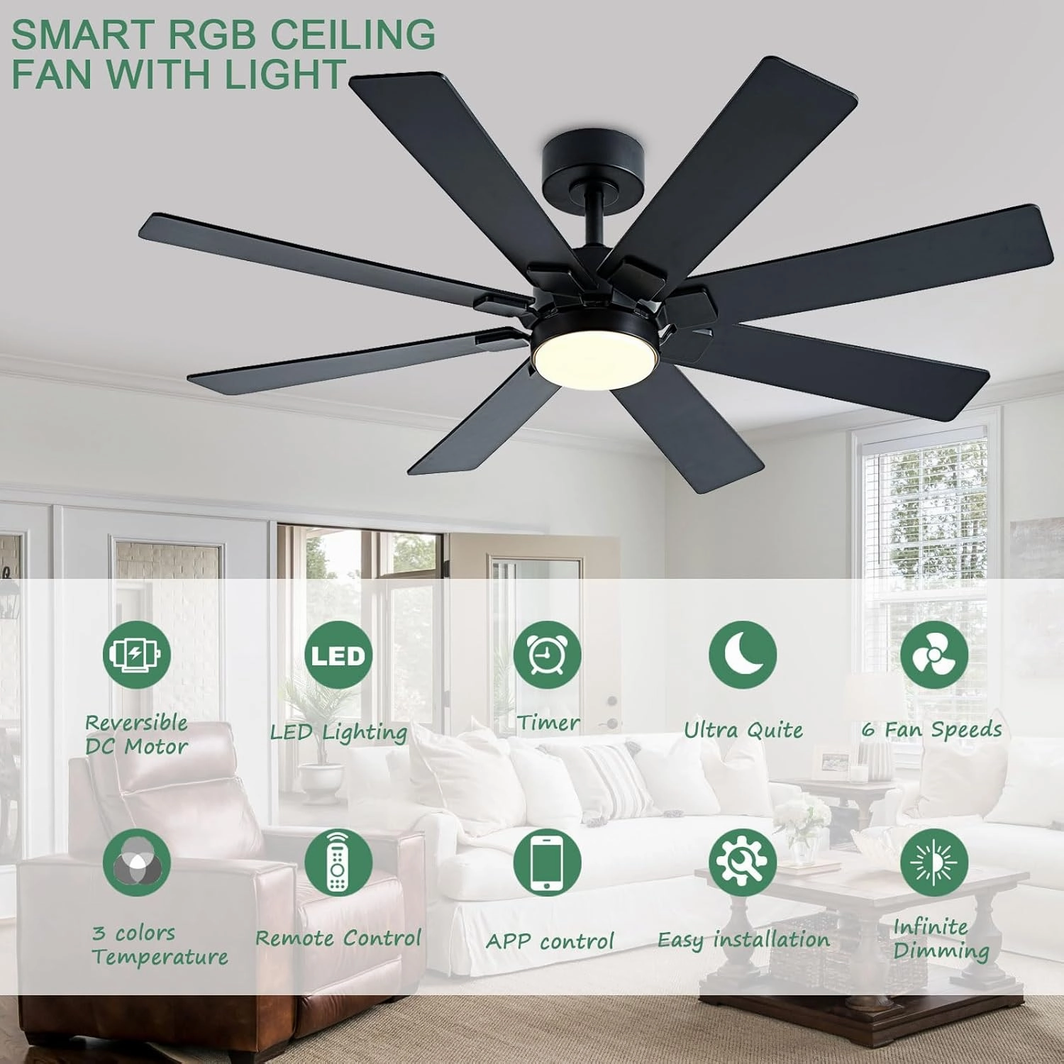 48 Inch Ceiling Fans with Lights and Remote/APP Control, Low Profile Ceiling Fan, 8 BladesLED Dimmable, Reversible DC Motor, Noiseless Black Ceiling Fans for Bedroom Indoor/Outdoor Use
