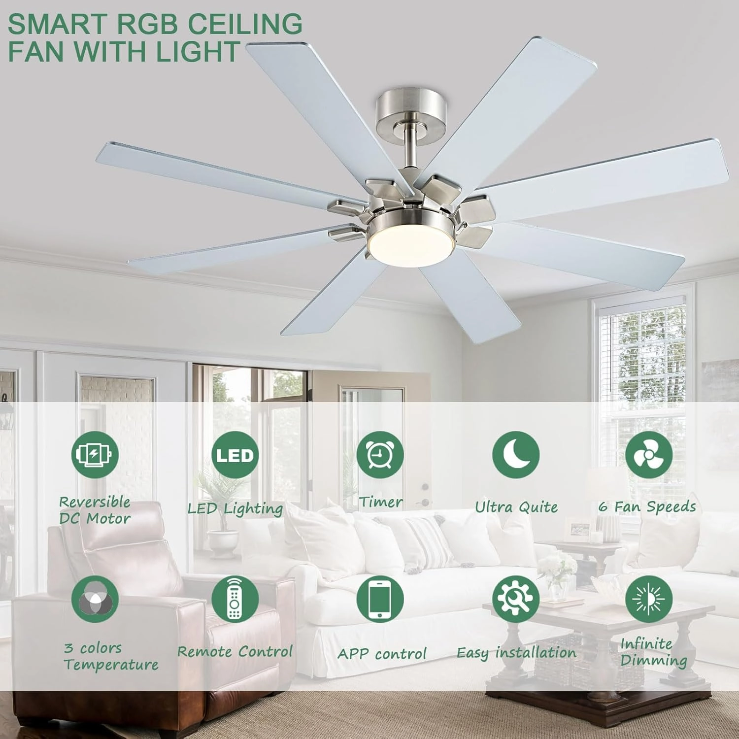 48 Inch Ceiling Fans with Lights and Remote/APP Control, Low Profile Ceiling Fan, 8 BladesLED Dimmable, Reversible DC Motor, Noiseless Nickel Ceiling Fans for Bedroom Indoor/Outdoor Use