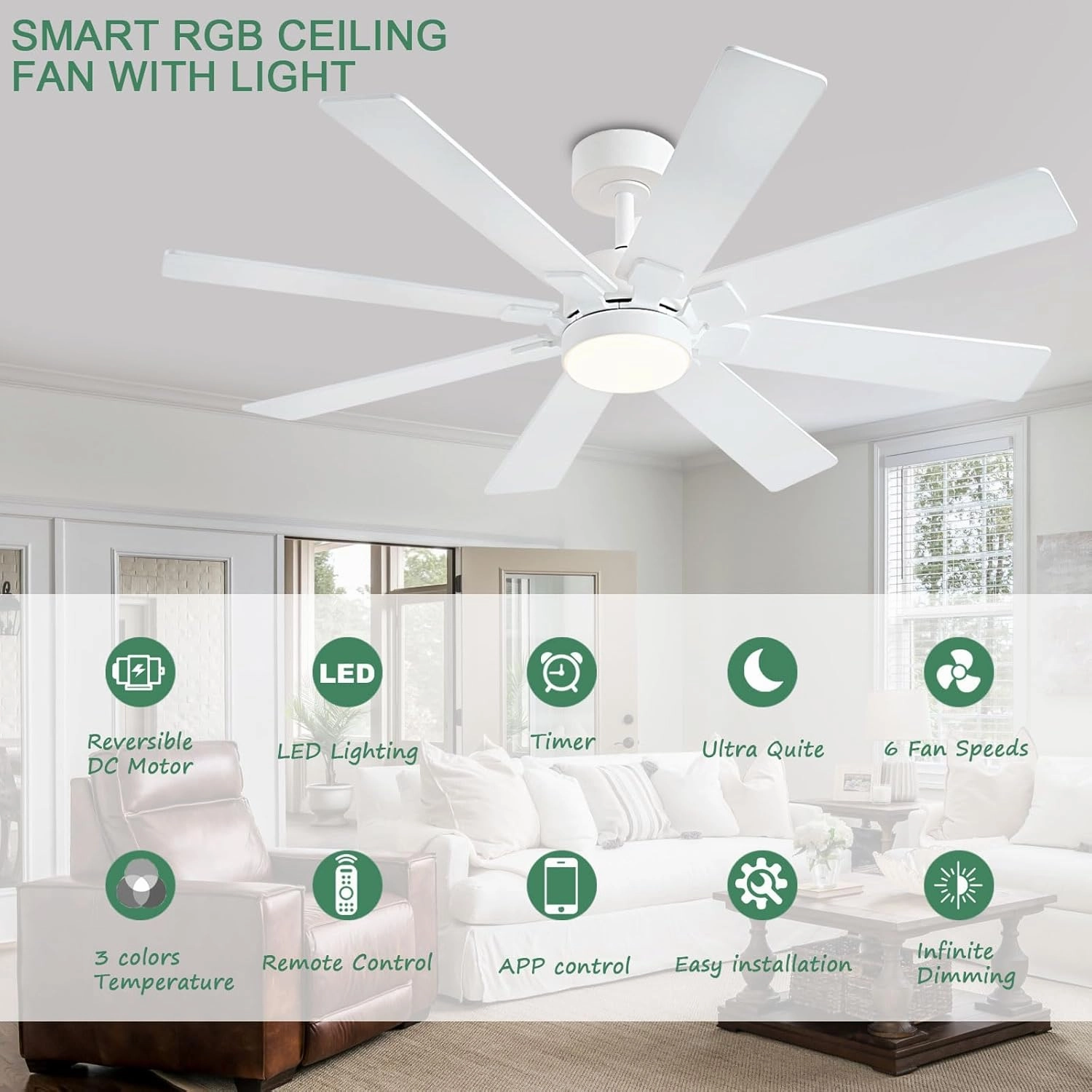 48 Inch Ceiling Fans with Lights and Remote/APP Control, Low Profile Ceiling Fan, 8 BladesLED Dimmable, Reversible DC Motor, Noiseless White Ceiling Fans for Bedroom Indoor/Outdoor Use