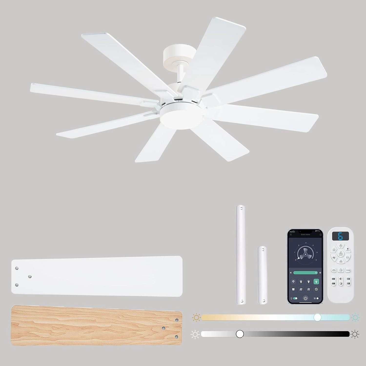 48 Inch Ceiling Fans with Lights and Remote/APP Control, Low Profile Ceiling Fan, 8 BladesLED Dimmable, Reversible DC Motor, Noiseless White Ceiling Fans for Bedroom Indoor/Outdoor Use App-controlled remote fan for convenience