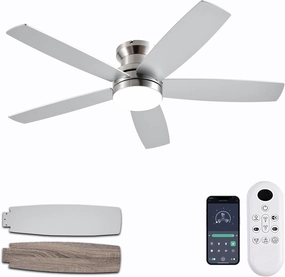 48Inch Flush Mount Ceiling Fans with Lights and Remote/App Control, Reversible DC Motor, Dimmable LED, Dual-Sided Blades, Low Profile Modern Ceiling Fan for Indoor Outdoor Use(Nickel) App-controlled remote fan for convenience