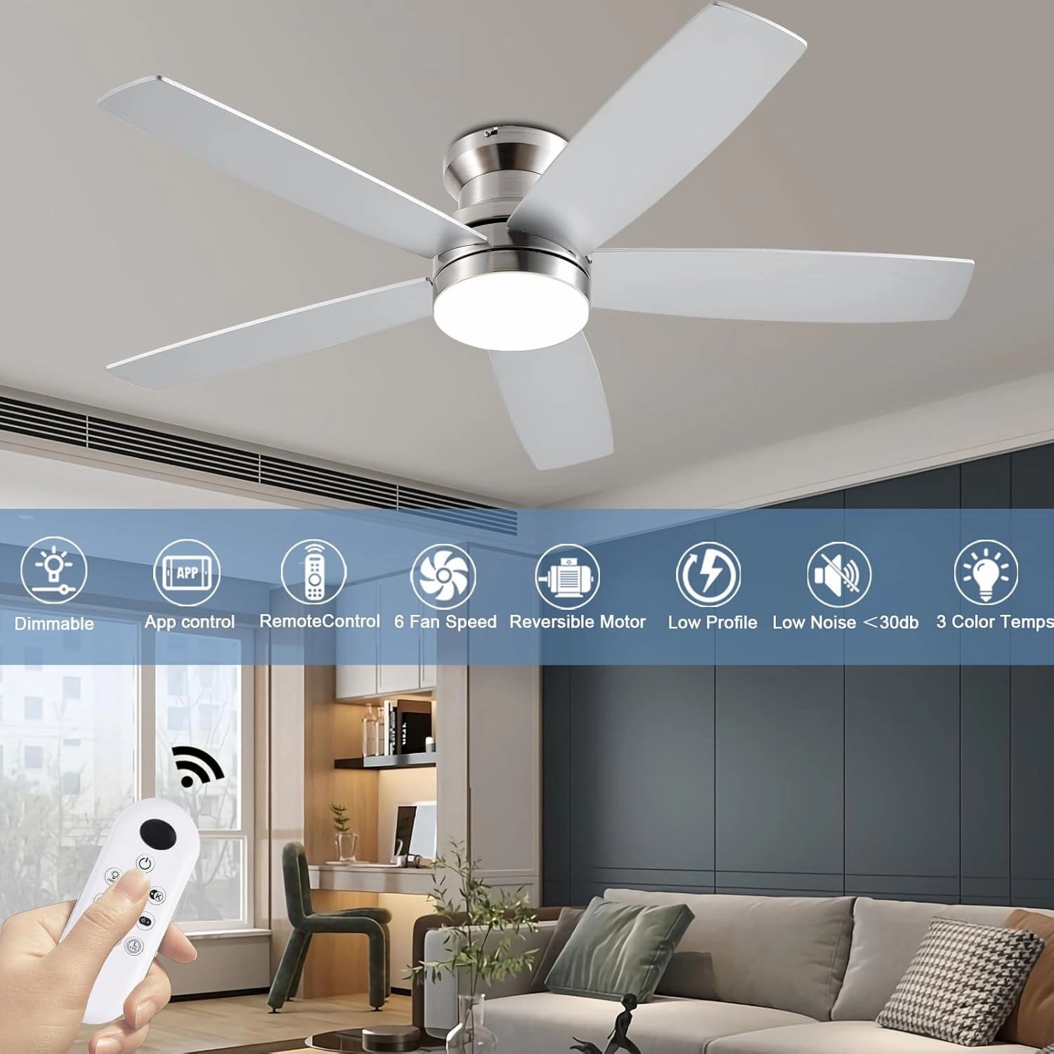 48Inch Flush Mount Ceiling Fans with Lights and Remote/App Control, Reversible DC Motor, Dimmable LED, Dual-Sided Blades, Low Profile Modern Ceiling Fan for Indoor Outdoor Use(Nickel)