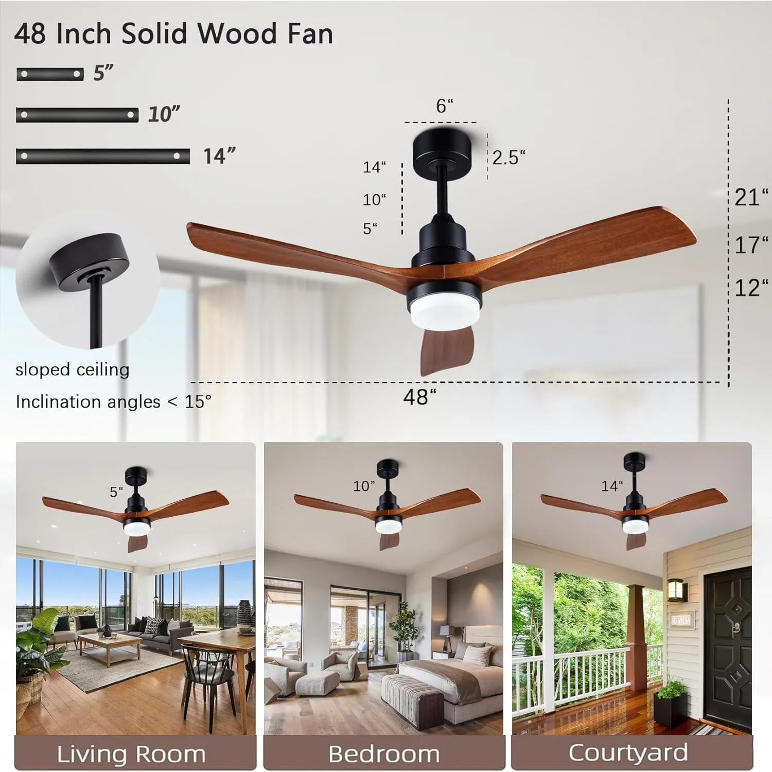 48" Wooden Ceiling Fans with Lighted Remote Control, Indoor Outdoor Wooden Ceiling Fan, Outdoor Modern Ceiling Fan with 3 Fan Blades for Patio, Living Room, Farmhouse, etc (Black   Walnut)