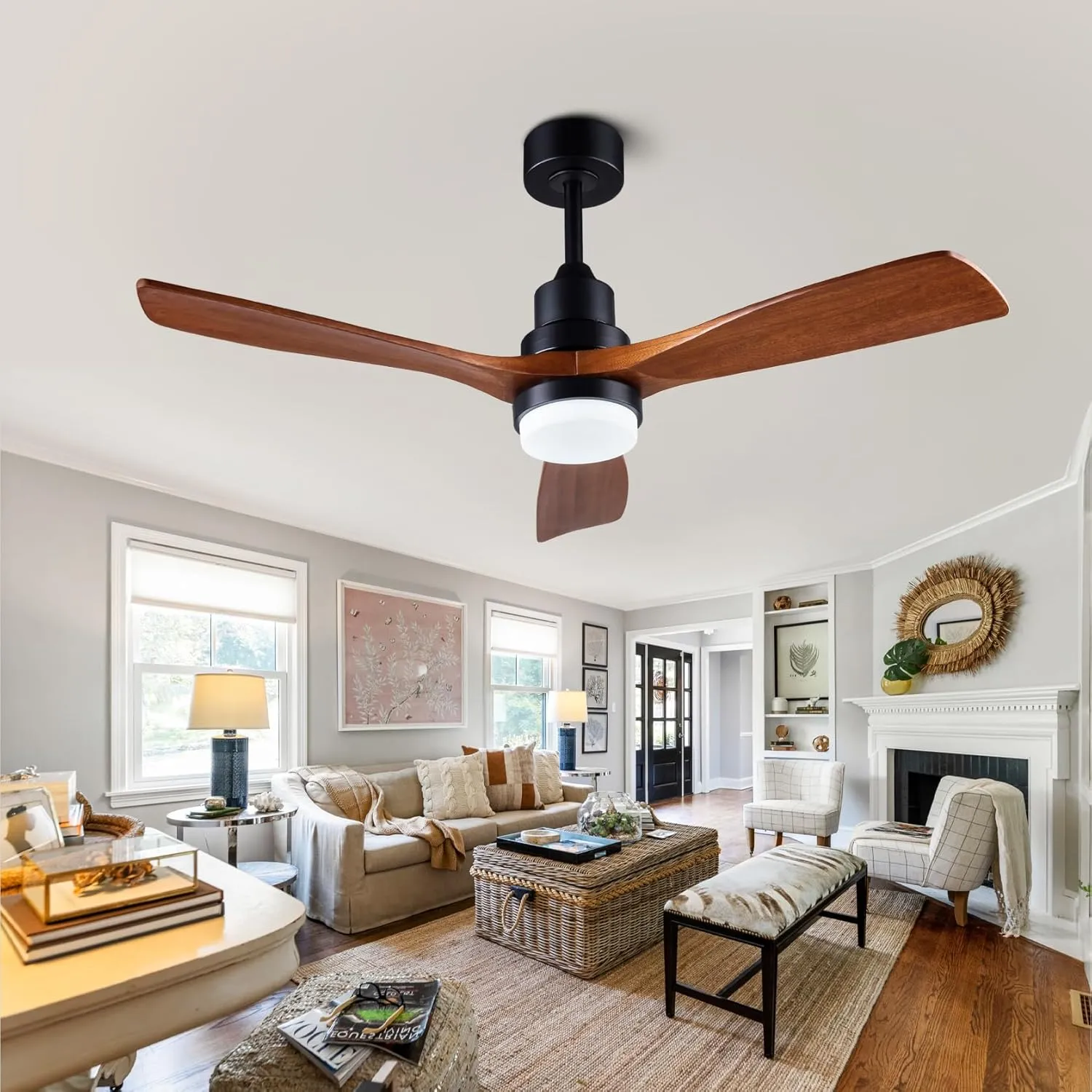 48" Wooden Ceiling Fans with Lighted Remote Control, Indoor Outdoor Wooden Ceiling Fan, Outdoor Modern Ceiling Fan with 3 Fan Blades for Patio, Living Room, Farmhouse, etc (Black   Walnut) App-controlled remote fan for convenience