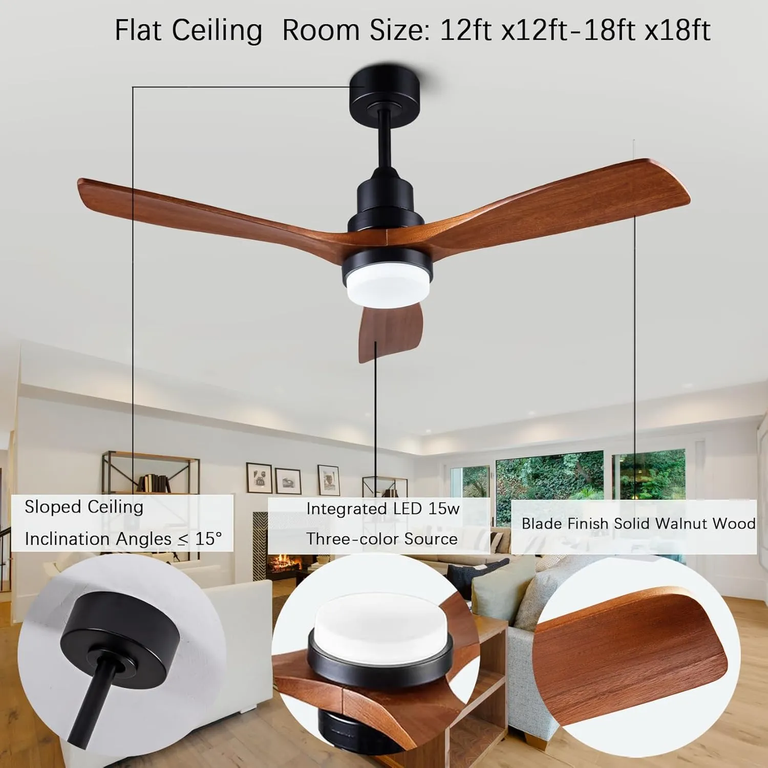 48" Wooden Ceiling Fans with Lighted Remote Control, Indoor Outdoor Wooden Ceiling Fan, Outdoor Modern Ceiling Fan with 3 Fan Blades for Patio, Living Room, Farmhouse, etc (Black   Walnut)