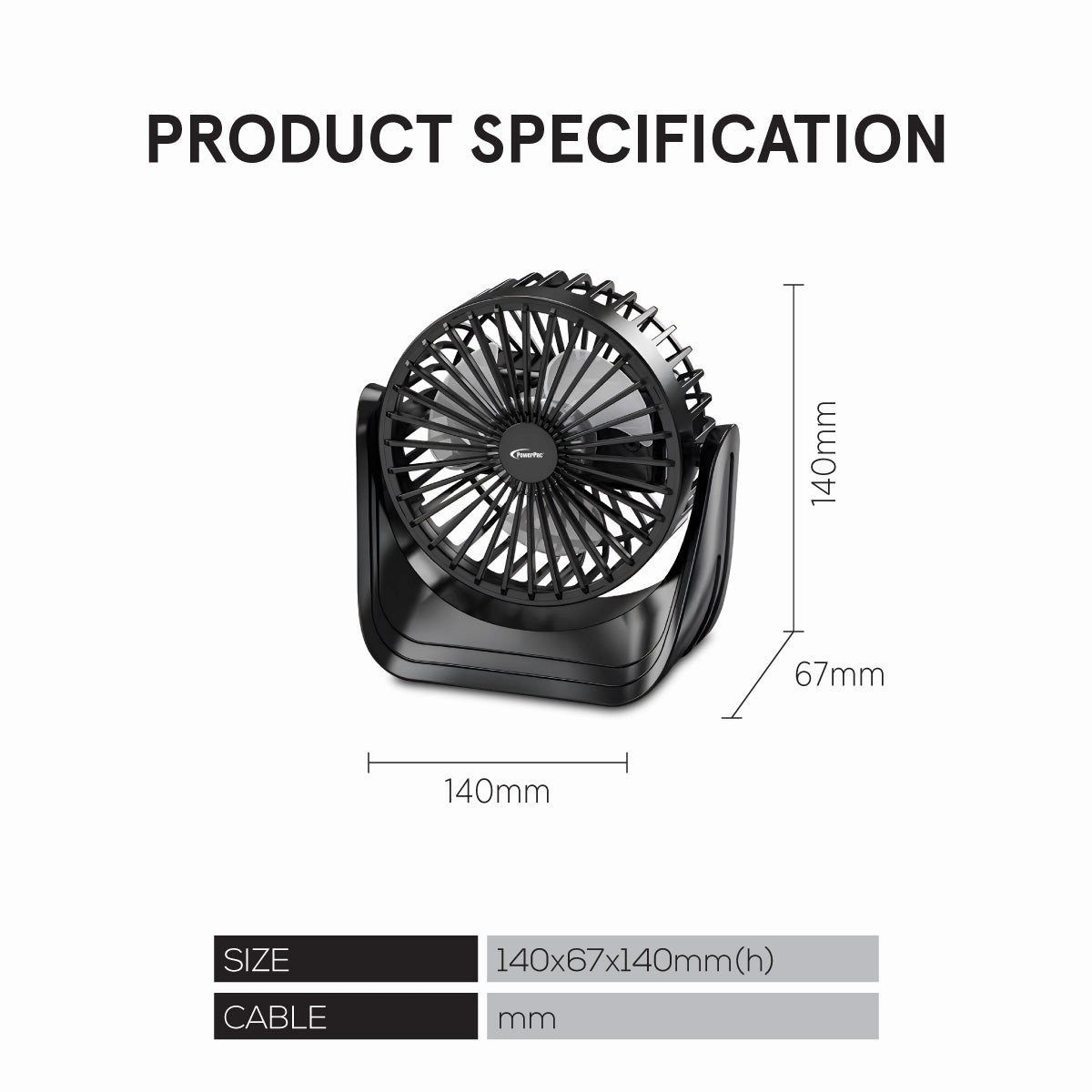 4" Table Fan  USB, Rechargeable, Portable Wireless, 360 Vertical Adjustable Tilt, Durable, Compact, 3-Speed, black, PPUF223
