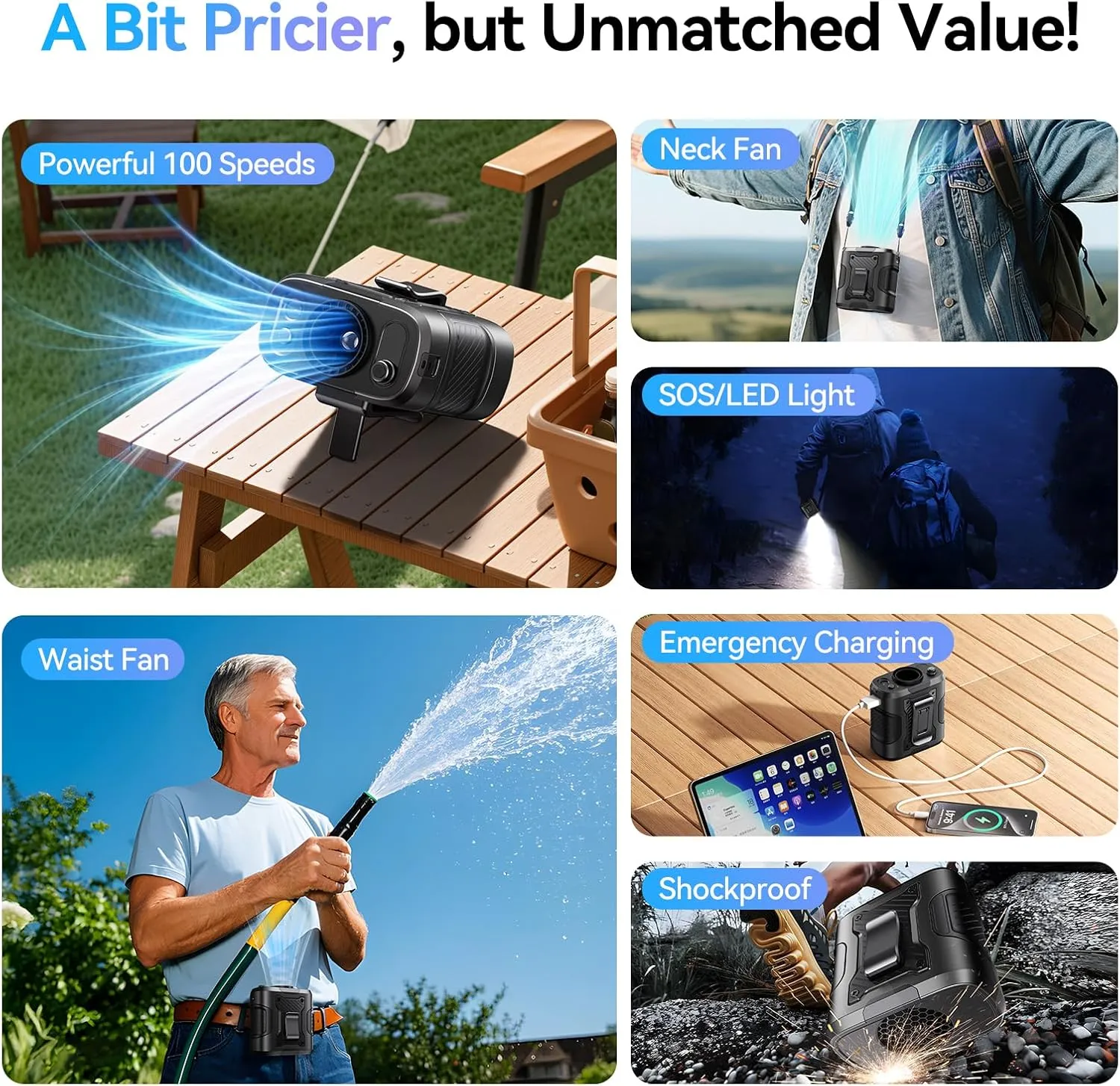 5 in 1 Portable Turbo Waist Clip Fan, 100 Speeds, Powerful 13500RPM, 24H Cooling, LED Display, Flashlight, Rechargeable Wearable Belt Body Shirt Fan for Camping Outdoor Jobsite (Black)