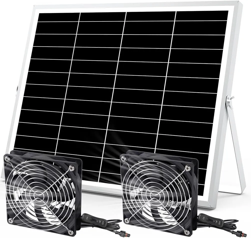 5 Inch Solar Powered Fan, Solar Exhaust Intake Fan Kit, IPX7 Waterproof Dual Fans with 13Ft On/Off Switch Cable, Cooling Ventilation for Greenhouse, Chicken Coop, Shed, Dog House, Outside Solar-powered car fan for ventilation