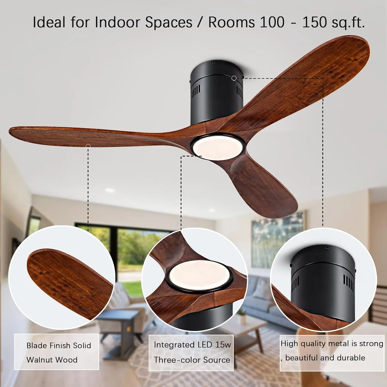 52 Ceiling Fan with Light with 6 Speed Remote/APP Control, Solid Wood Fan Blade, 3CCT Dimmable LED, Silent, Recessed Ceiling Fan for Bedroom, Hallway