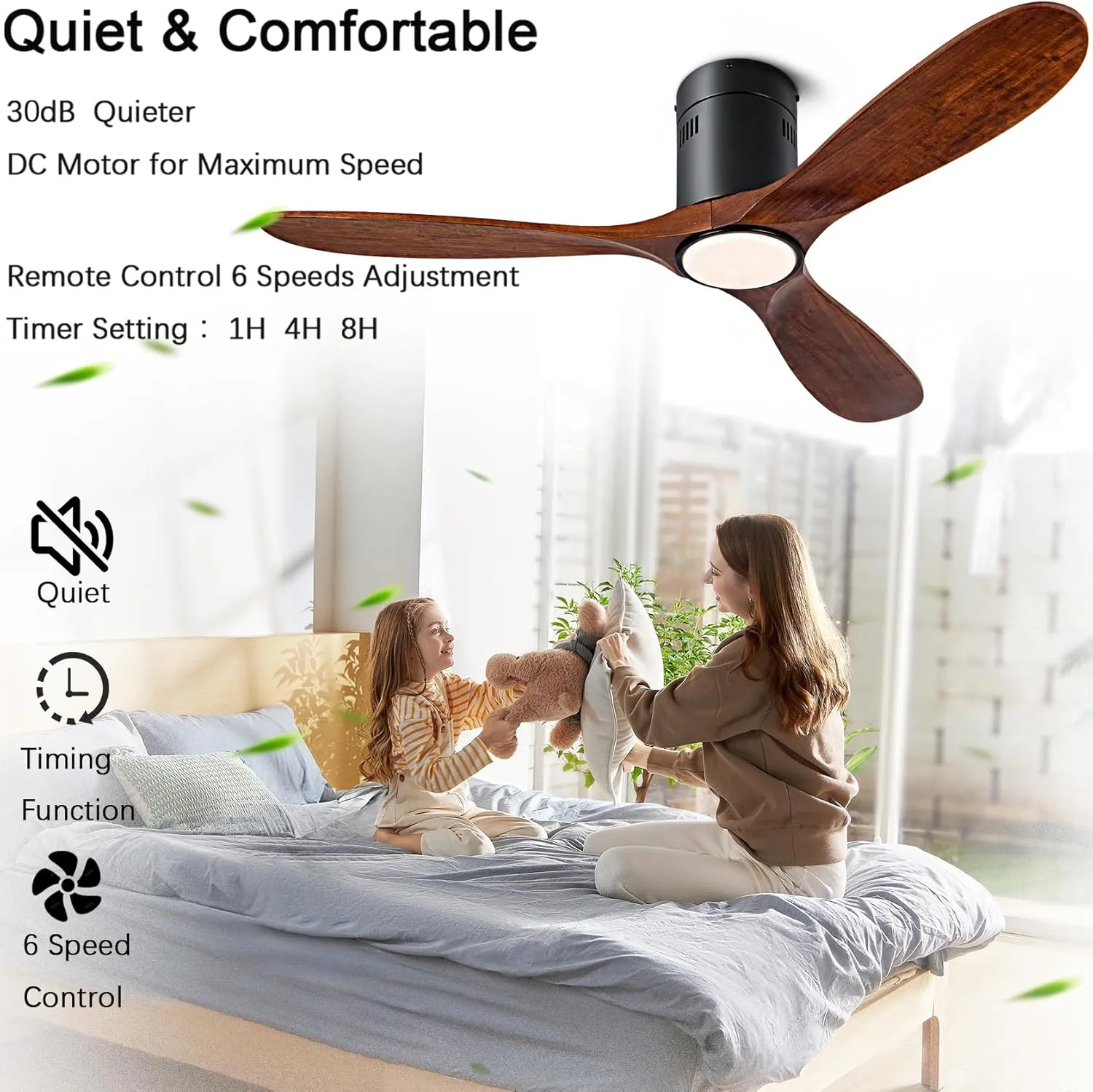 52 Ceiling Fan with Light with 6 Speed Remote/APP Control, Solid Wood Fan Blade, 3CCT Dimmable LED, Silent, Recessed Ceiling Fan for Bedroom, Hallway