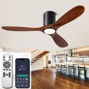 52 Ceiling Fan with Light with 6 Speed Remote/APP Control, Solid Wood Fan Blade, 3CCT Dimmable LED, Silent, Recessed Ceiling Fan for Bedroom, Hallway App-controlled remote fan for convenience