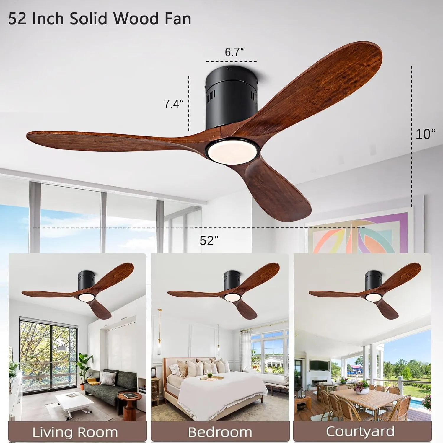 52 Ceiling Fan with Light with 6 Speed Remote/APP Control, Solid Wood Fan Blade, 3CCT Dimmable LED, Silent, Recessed Ceiling Fan for Bedroom, Hallway