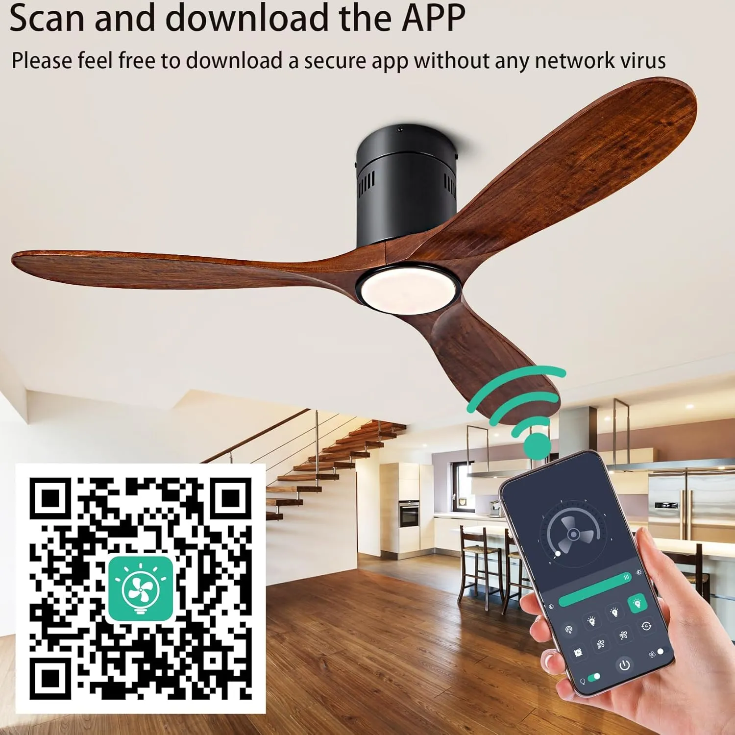 52 Ceiling Fan with Light with 6 Speed Remote/APP Control, Solid Wood Fan Blade, 3CCT Dimmable LED, Silent, Recessed Ceiling Fan for Bedroom, Hallway