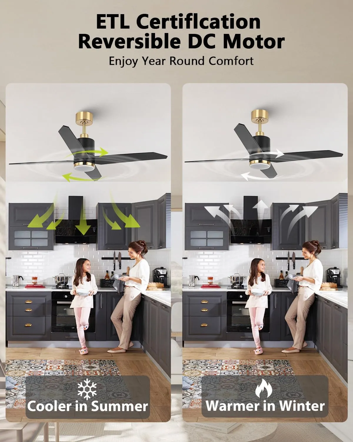 52 Inch Black and Gold Ceiling Fan with Light and Remote for Indoor & Outdoo Bedroom Living Room and Patio, Black Ceiling Fans with 6-Speed, Noiseless Reversible, Dimmable 3CCT, Timing