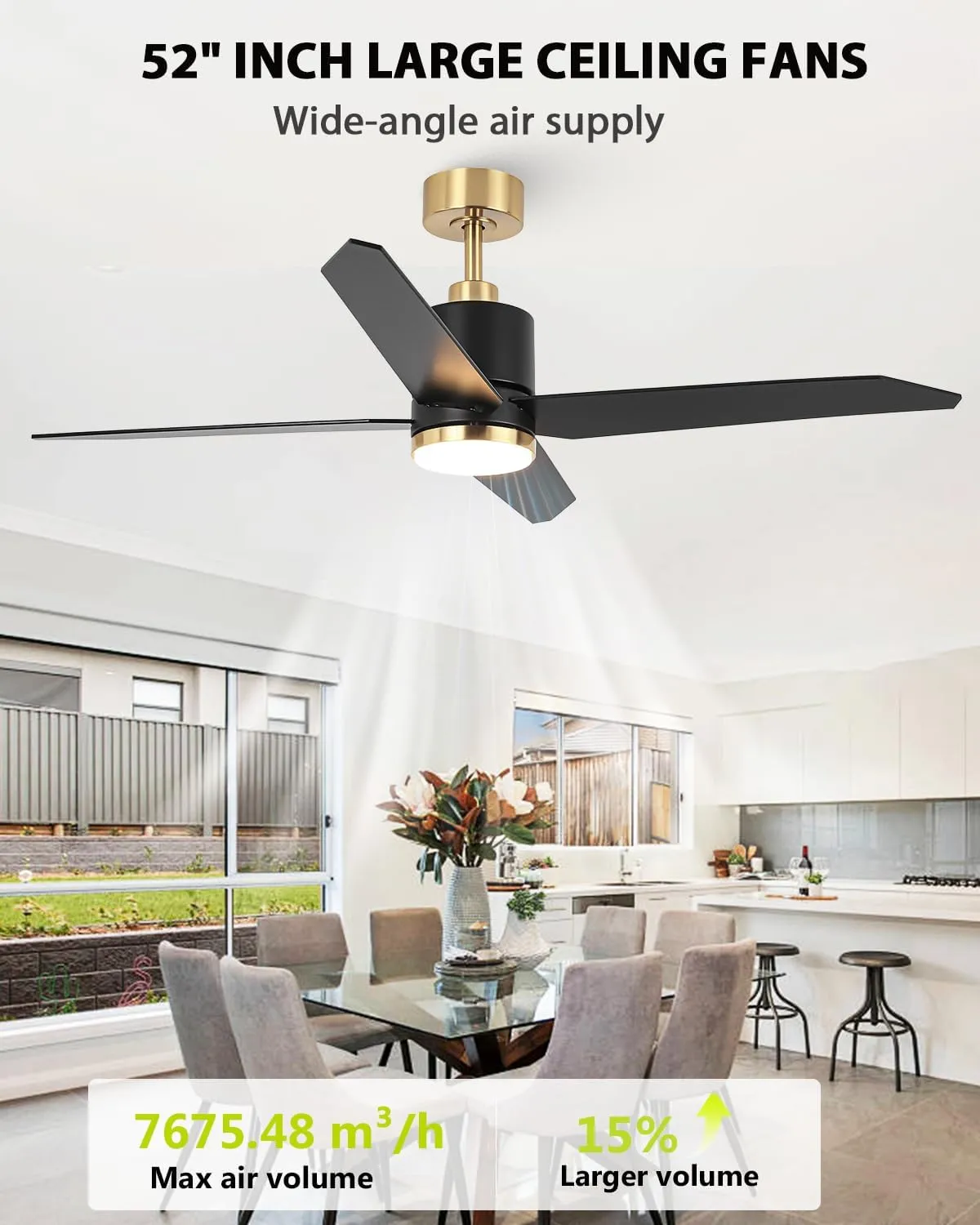 52 Inch Black and Gold Ceiling Fan with Light and Remote for Indoor & Outdoo Bedroom Living Room and Patio, Black Ceiling Fans with 6-Speed, Noiseless Reversible, Dimmable 3CCT, Timing