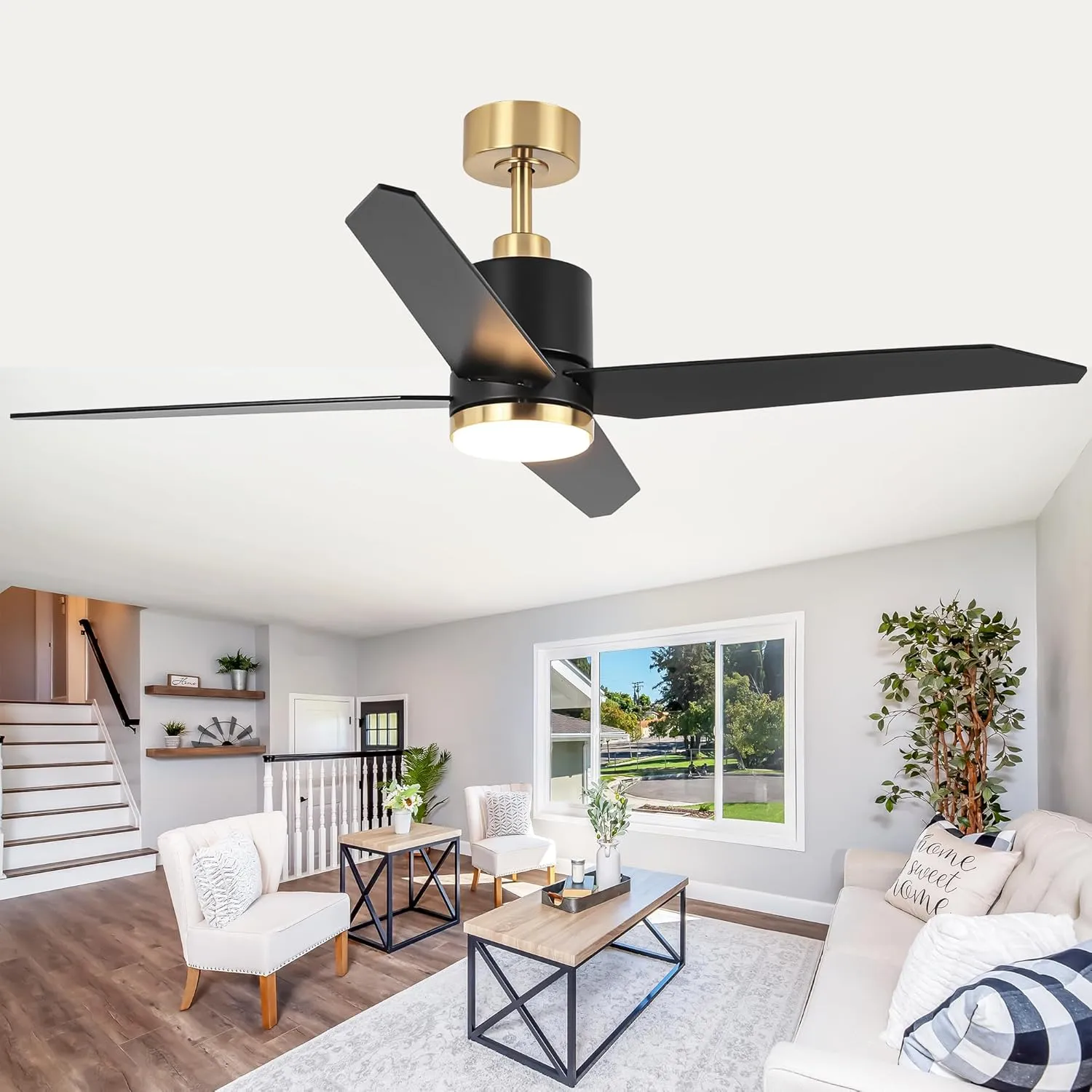 52 Inch Black and Gold Ceiling Fan with Light and Remote for Indoor & Outdoo Bedroom Living Room and Patio, Black Ceiling Fans with 6-Speed, Noiseless Reversible, Dimmable 3CCT, Timing Fan with safety blade design