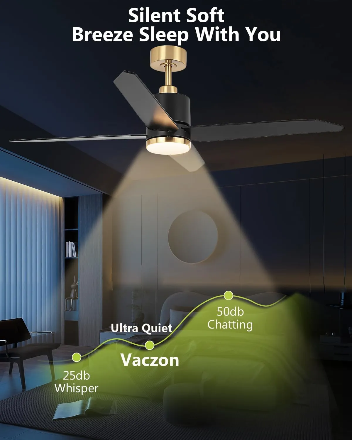 52 Inch Black and Gold Ceiling Fan with Light and Remote for Indoor & Outdoo Bedroom Living Room and Patio, Black Ceiling Fans with 6-Speed, Noiseless Reversible, Dimmable 3CCT, Timing