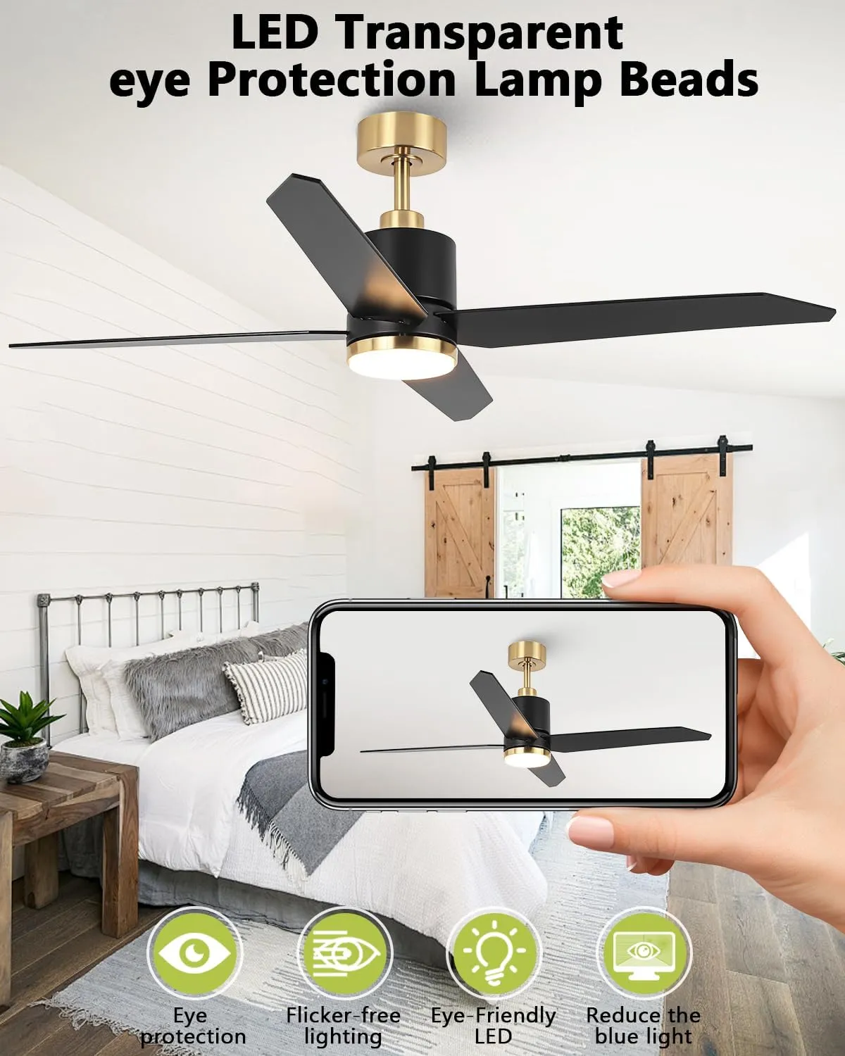 52 Inch Black and Gold Ceiling Fan with Light and Remote for Indoor & Outdoo Bedroom Living Room and Patio, Black Ceiling Fans with 6-Speed, Noiseless Reversible, Dimmable 3CCT, Timing