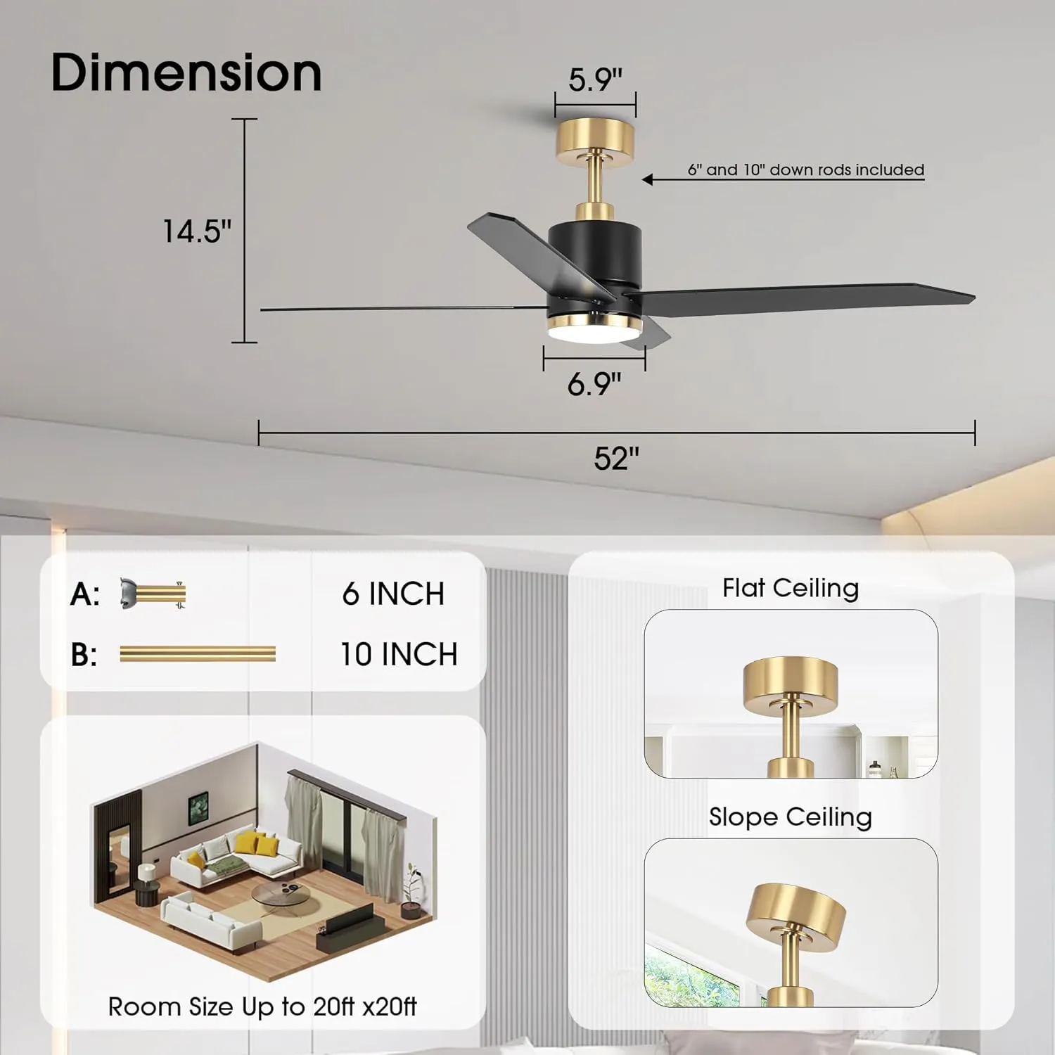 52 Inch Black and Gold Ceiling Fan with Light and Remote for Indoor & Outdoo Bedroom Living Room and Patio, Black Ceiling Fans with 6-Speed, Noiseless Reversible, Dimmable 3CCT, Timing