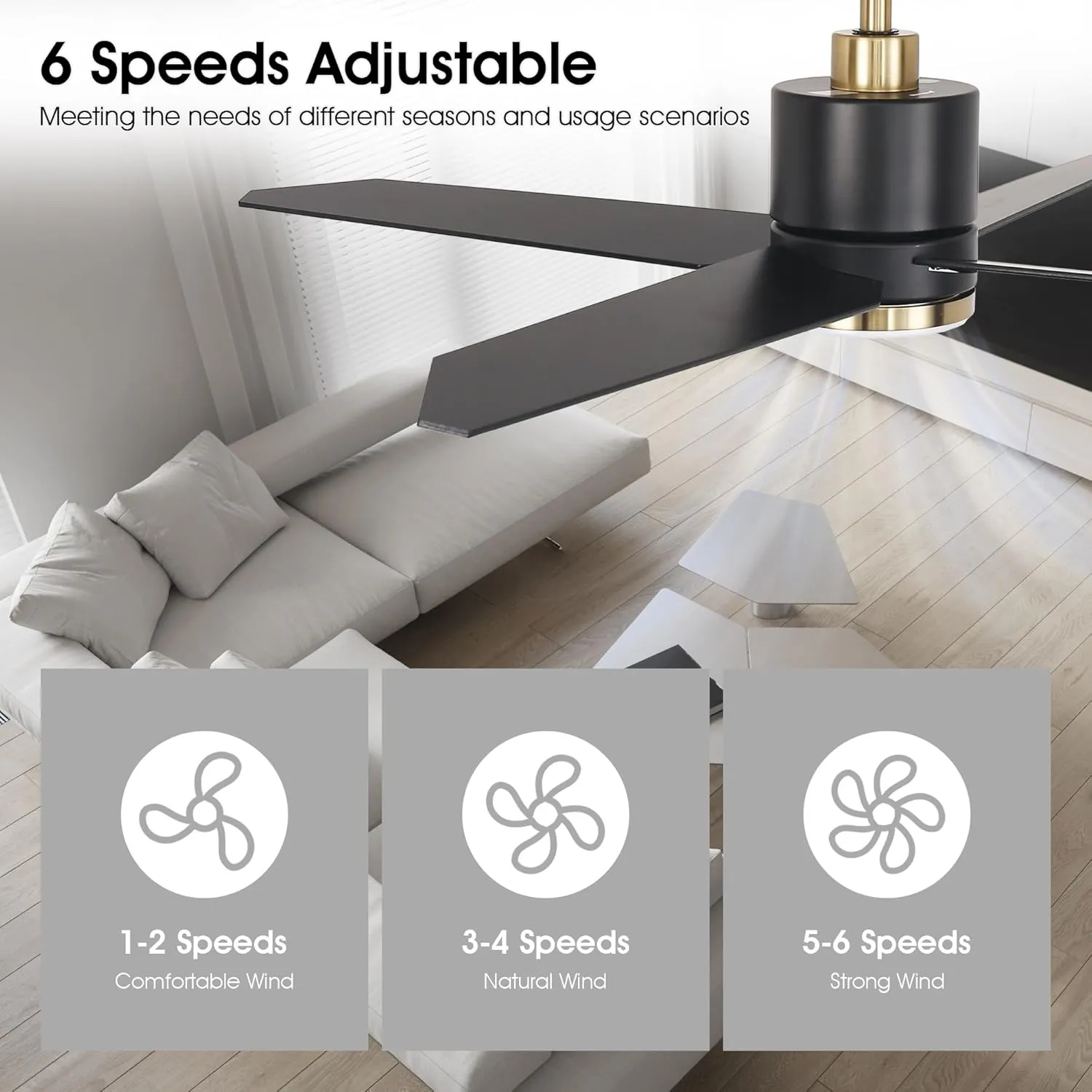 52 Inch Black and Gold Ceiling Fan with Light and Remote for Indoor & Outdoo Bedroom Living Room and Patio, Black Ceiling Fans with 6-Speed, Noiseless Reversible, Dimmable 3CCT, Timing