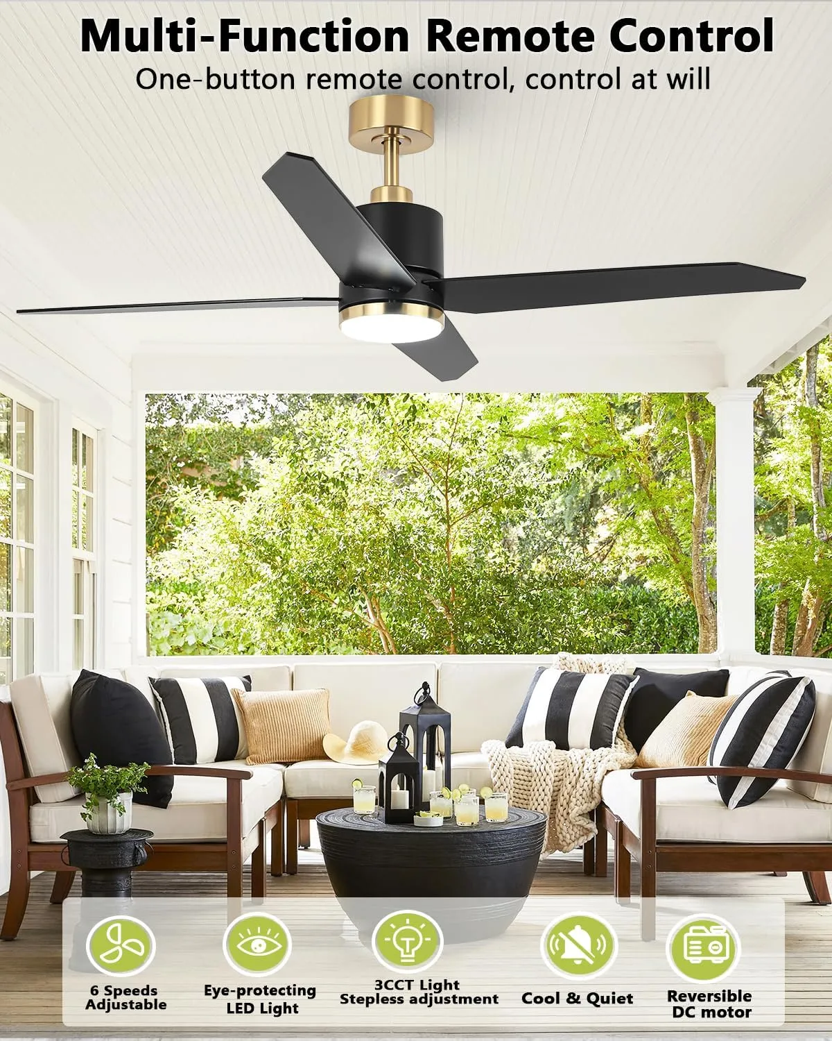 52 Inch Black and Gold Ceiling Fan with Light and Remote for Indoor & Outdoo Bedroom Living Room and Patio, Black Ceiling Fans with 6-Speed, Noiseless Reversible, Dimmable 3CCT, Timing
