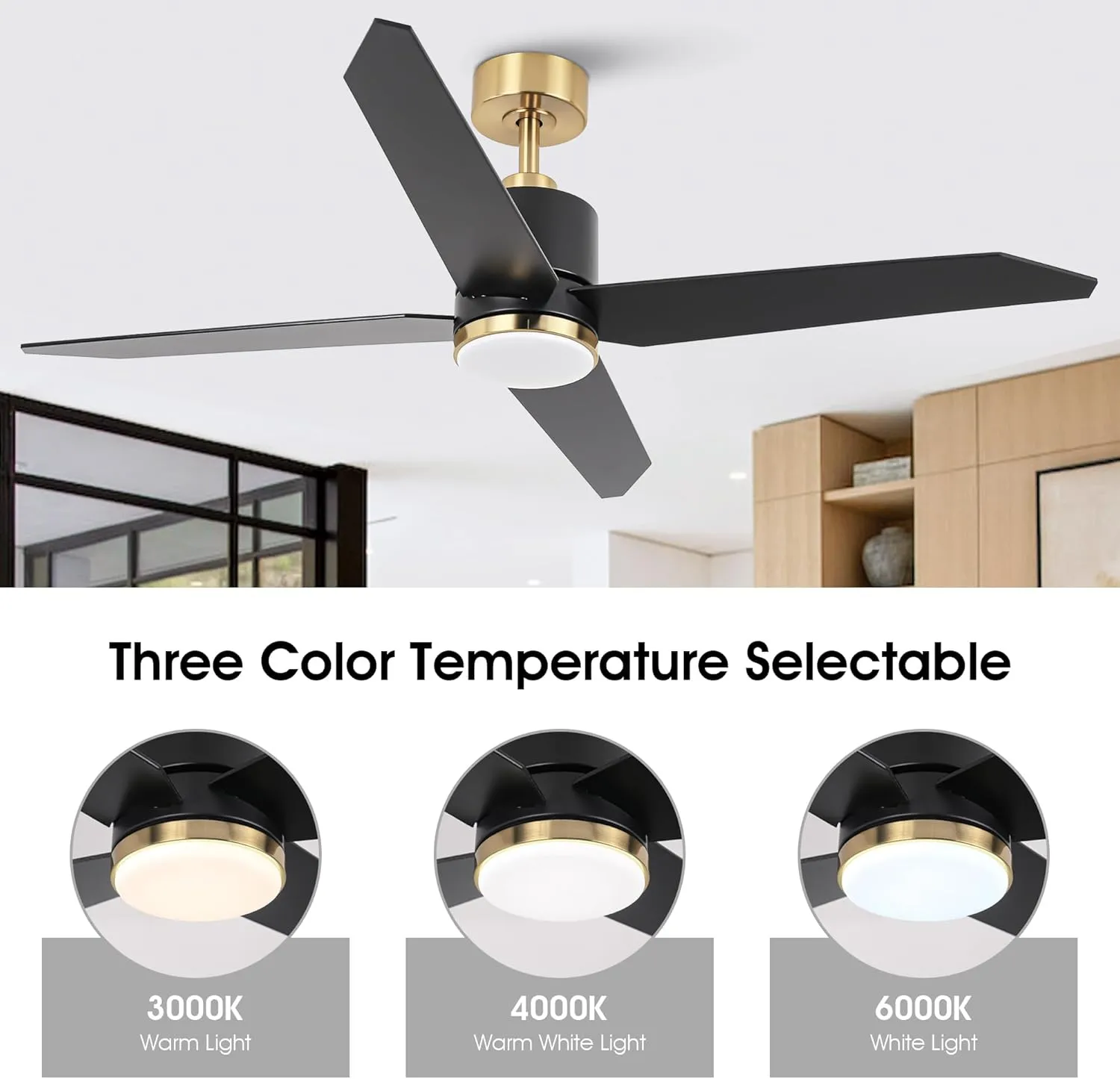52 Inch Black and Gold Ceiling Fan with Light and Remote for Indoor & Outdoo Bedroom Living Room and Patio, Black Ceiling Fans with 6-Speed, Noiseless Reversible, Dimmable 3CCT, Timing