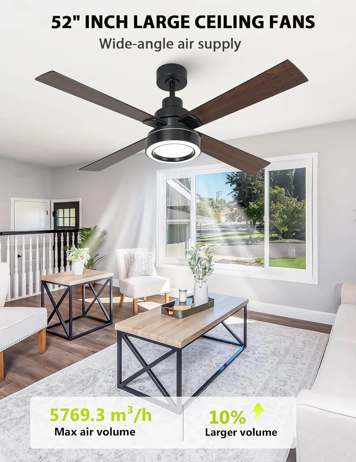 52 Inch Black Ceiling Fan with Light and Remote, 3CCT Dimmable Ceiling Fans with Lights, Reversible Motor, Dual-Sided Blades Modern Ceiling Fan for Bedroom Living Room Patio Indoor Outdoor Use