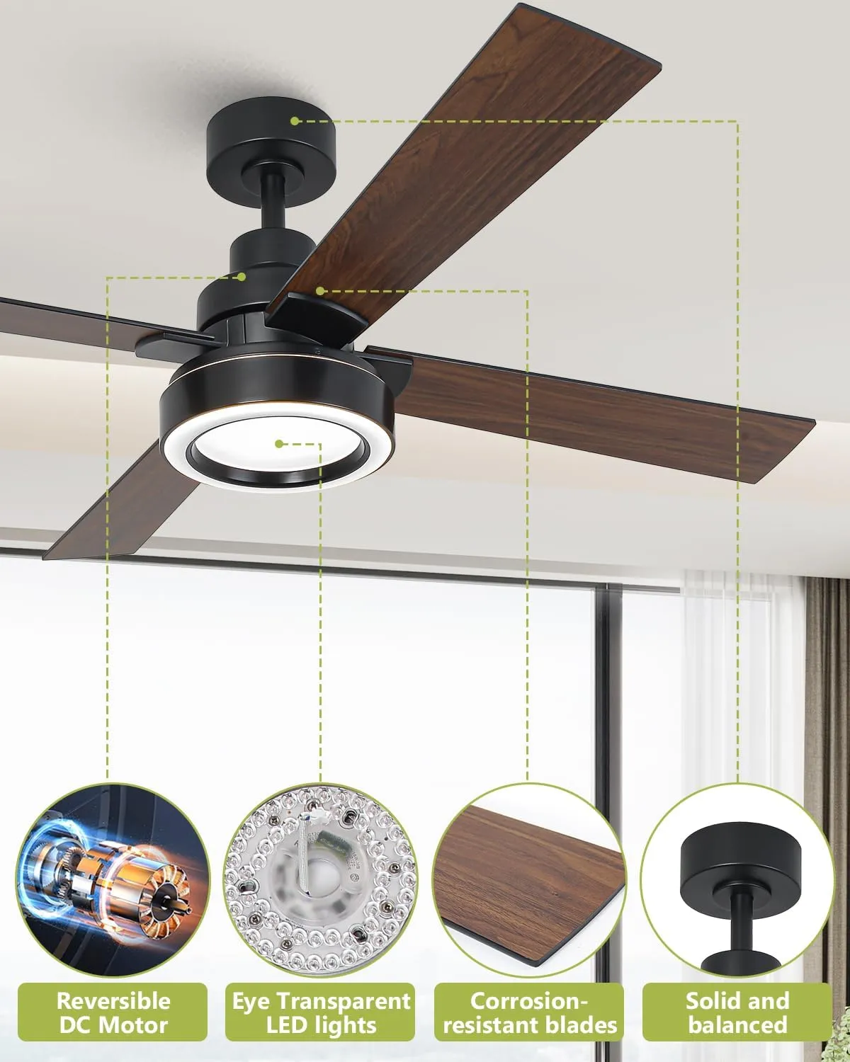 52 Inch Black Ceiling Fan with Light and Remote, 3CCT Dimmable Ceiling Fans with Lights, Reversible Motor, Dual-Sided Blades Modern Ceiling Fan for Bedroom Living Room Patio Indoor Outdoor Use