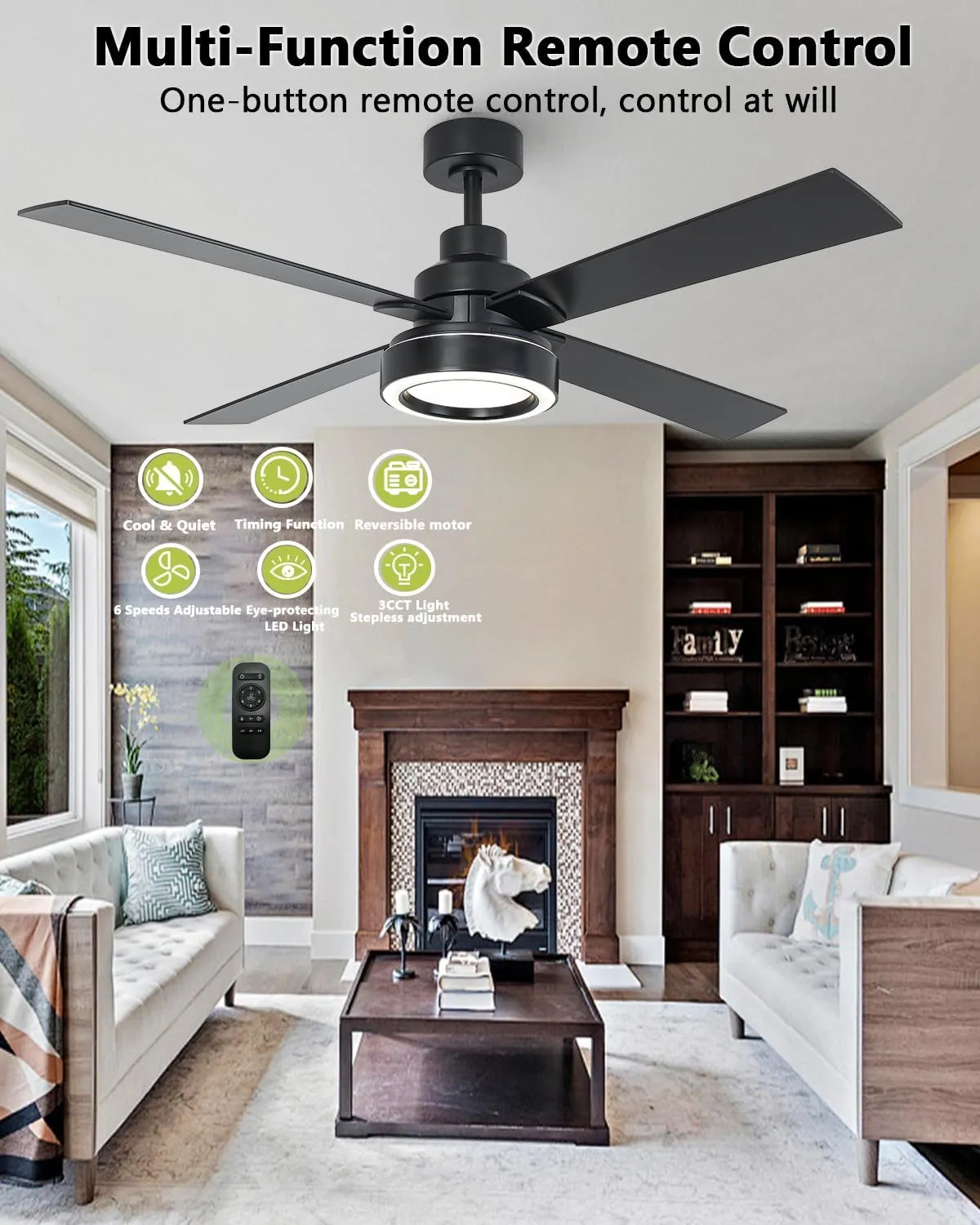 52 Inch Black Ceiling Fan with Light and Remote, 3CCT Dimmable Ceiling Fans with Lights, Reversible Motor, Dual-Sided Blades Modern Ceiling Fan for Bedroom Living Room Patio Indoor Outdoor Use