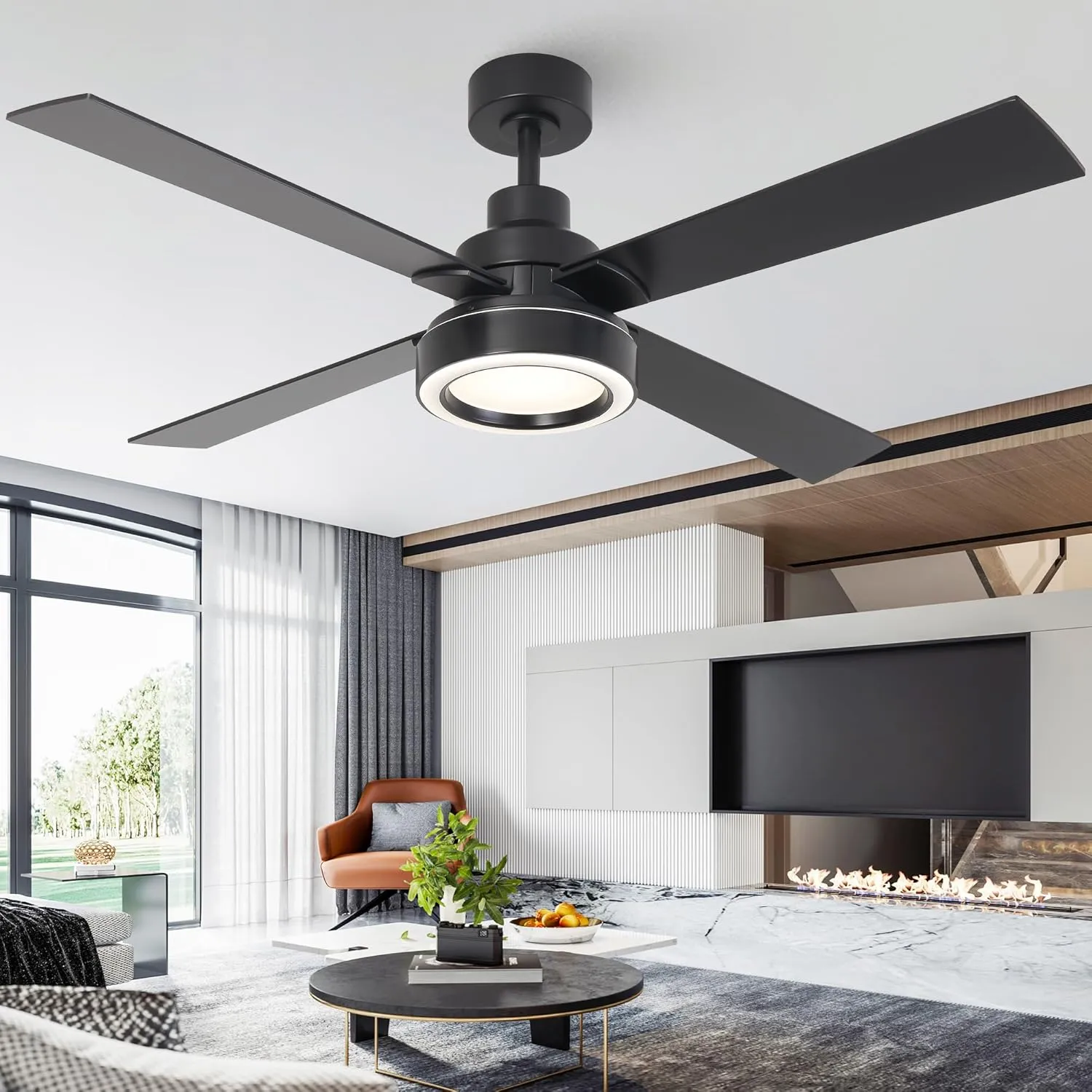 52 Inch Black Ceiling Fan with Light and Remote, 3CCT Dimmable Ceiling Fans with Lights, Reversible Motor, Dual-Sided Blades Modern Ceiling Fan for Bedroom Living Room Patio Indoor Outdoor Use Fan with safety blade design