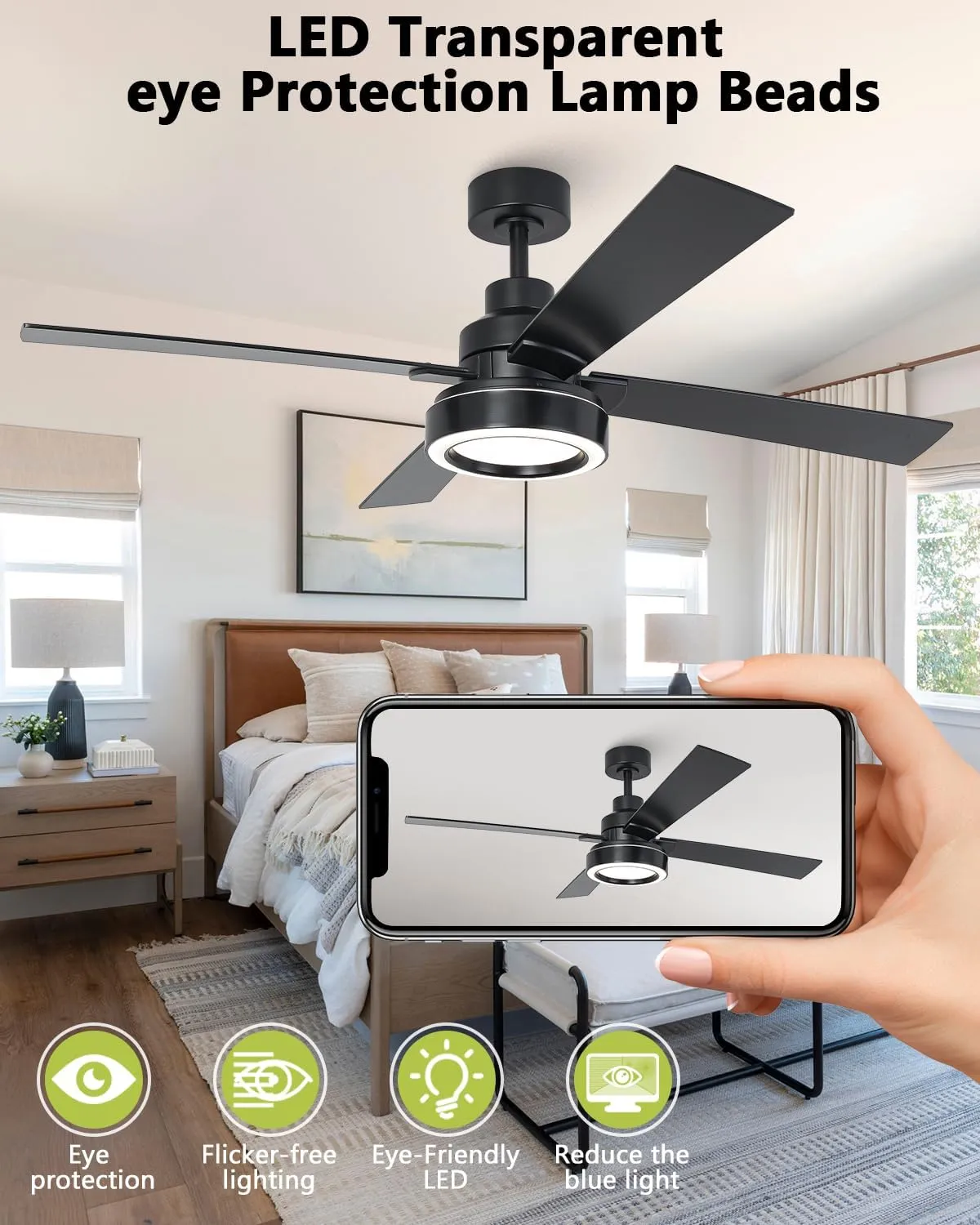 52 Inch Black Ceiling Fan with Light and Remote, 3CCT Dimmable Ceiling Fans with Lights, Reversible Motor, Dual-Sided Blades Modern Ceiling Fan for Bedroom Living Room Patio Indoor Outdoor Use