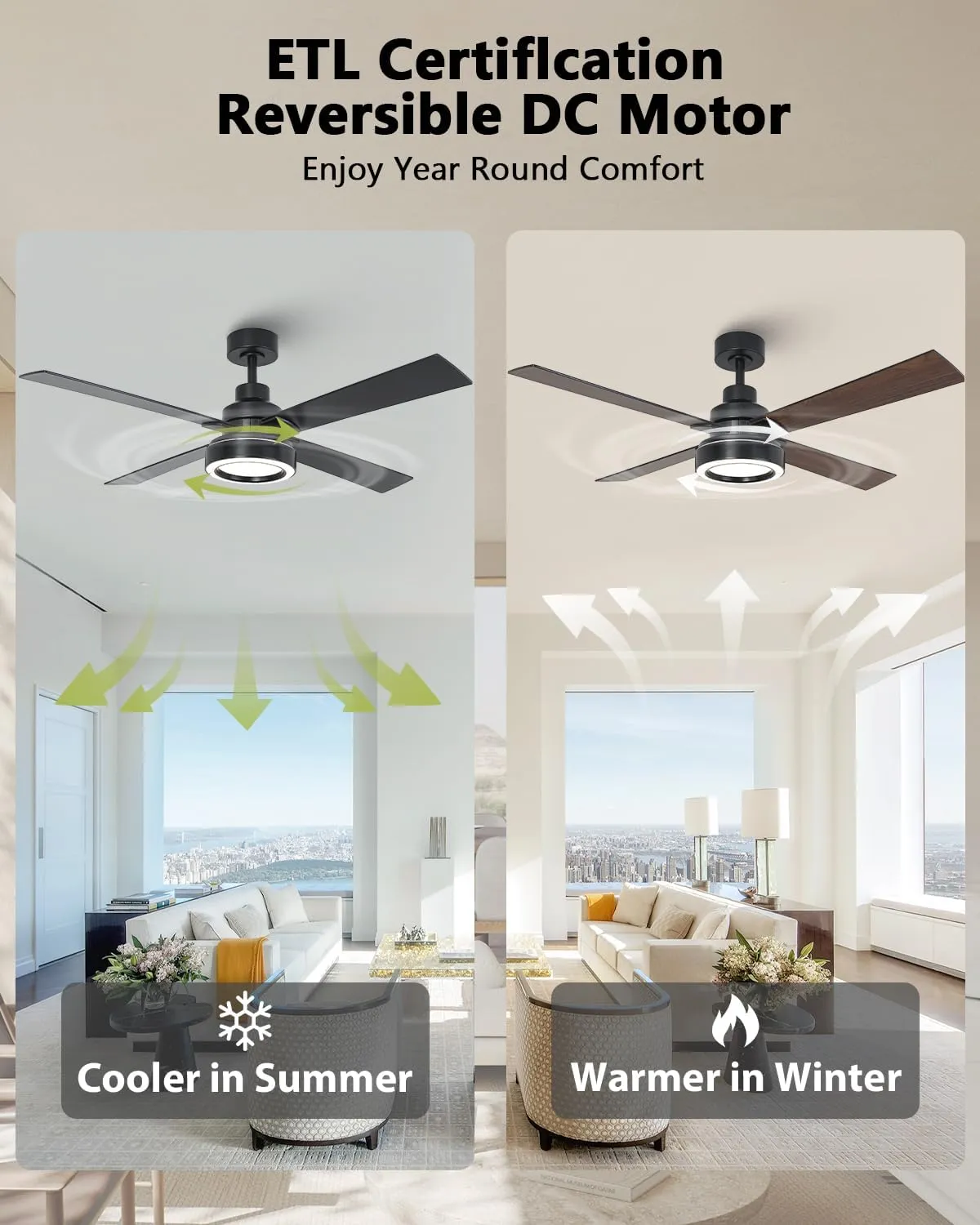 52 Inch Black Ceiling Fan with Light and Remote, 3CCT Dimmable Ceiling Fans with Lights, Reversible Motor, Dual-Sided Blades Modern Ceiling Fan for Bedroom Living Room Patio Indoor Outdoor Use