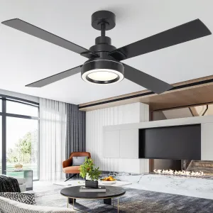 52 Inch Black Ceiling Fan with Light and Remote, 3CCT Dimmable Ceiling Fans with Lights, Reversible Motor, Dual-Sided Blades Modern Ceiling Fan for Bedroom Living Room Patio Indoor Outdoor Use Fan with safety blade design