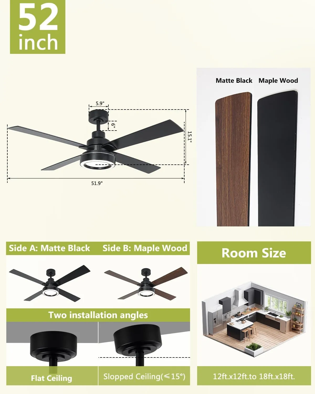 52 Inch Black Ceiling Fan with Light and Remote, 3CCT Dimmable Ceiling Fans with Lights, Reversible Motor, Dual-Sided Blades Modern Ceiling Fan for Bedroom Living Room Patio Indoor Outdoor Use
