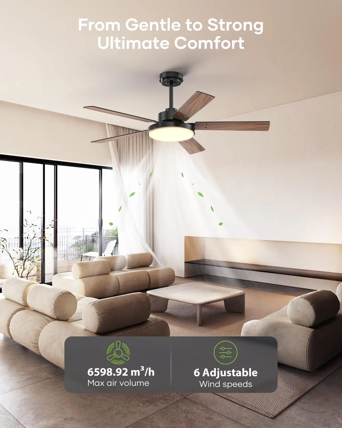 52 inch Black Ceiling fan with Light and Remote/APP, Ceiling Fans with Lights, 3CCT, Reversible 6 Speeds Quiet, Black Modern Ceiling Fan with Light for Indoor Outdoor Bedroom Patio Living Room