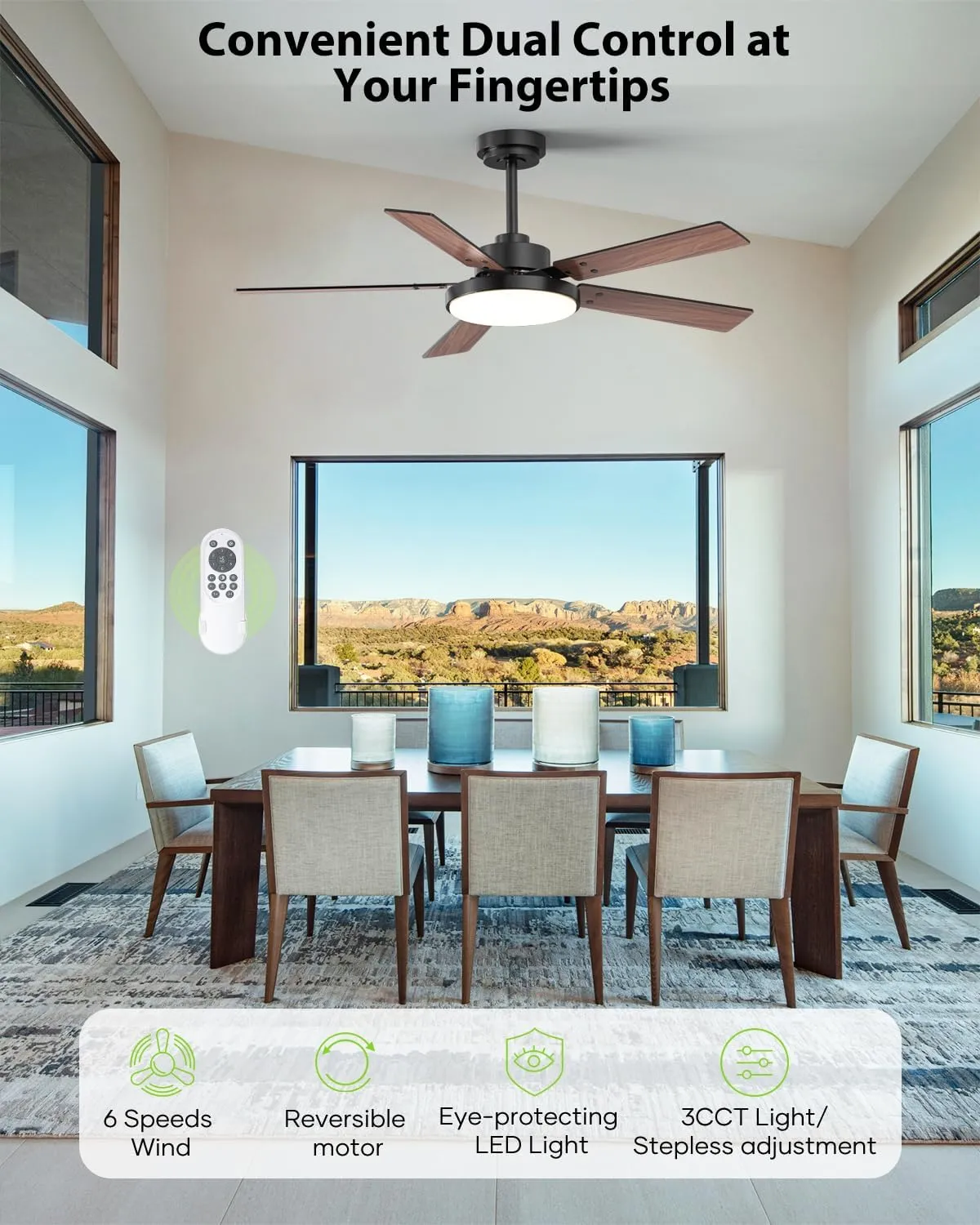 52 inch Black Ceiling fan with Light and Remote/APP, Ceiling Fans with Lights, 3CCT, Reversible 6 Speeds Quiet, Black Modern Ceiling Fan with Light for Indoor Outdoor Bedroom Patio Living Room