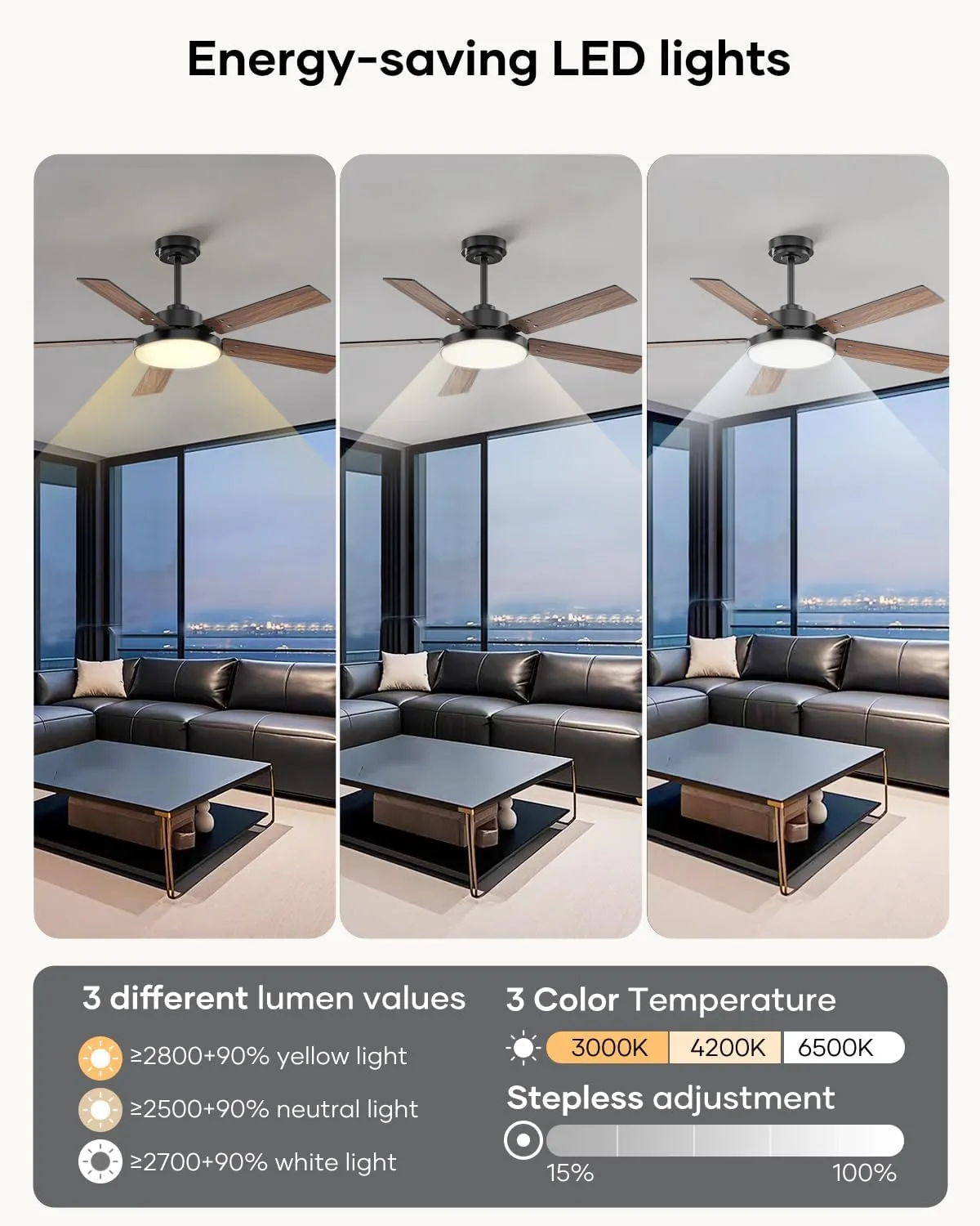 52 inch Black Ceiling fan with Light and Remote/APP, Ceiling Fans with Lights, 3CCT, Reversible 6 Speeds Quiet, Black Modern Ceiling Fan with Light for Indoor Outdoor Bedroom Patio Living Room