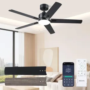 52 Inch Black Ceiling fan with Lights, Ceiling Fan with Lights and Remote/APP Control, Reversible, Dimmable, 3CCT, Quite Ceiling fan for Living Room, Bedroom, Indoor Outdoor Use App-controlled remote fan for convenience