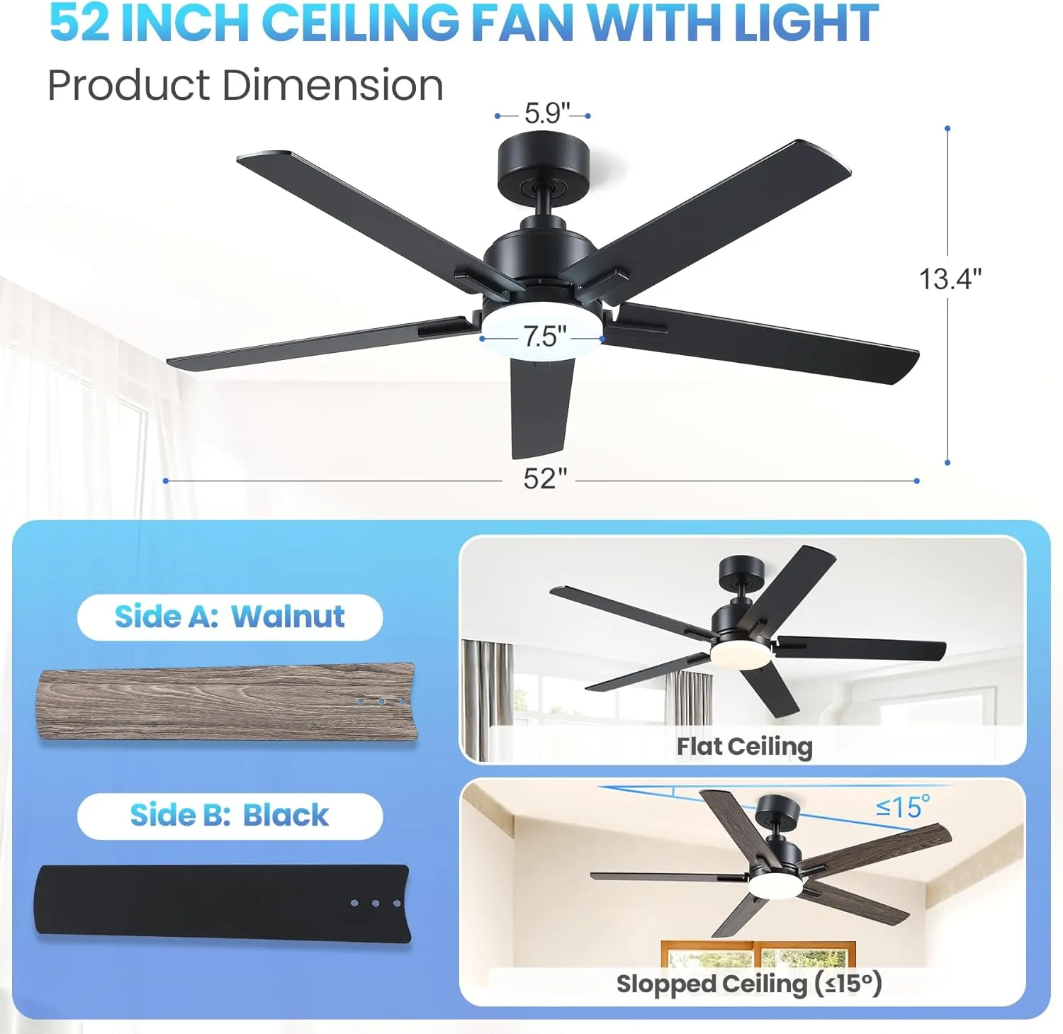 52 Inch Black Ceiling fan with Lights, Ceiling Fan with Lights and Remote/APP Control, Reversible, Dimmable, 3CCT, Quite Ceiling fan for Living Room, Bedroom, Indoor Outdoor Use