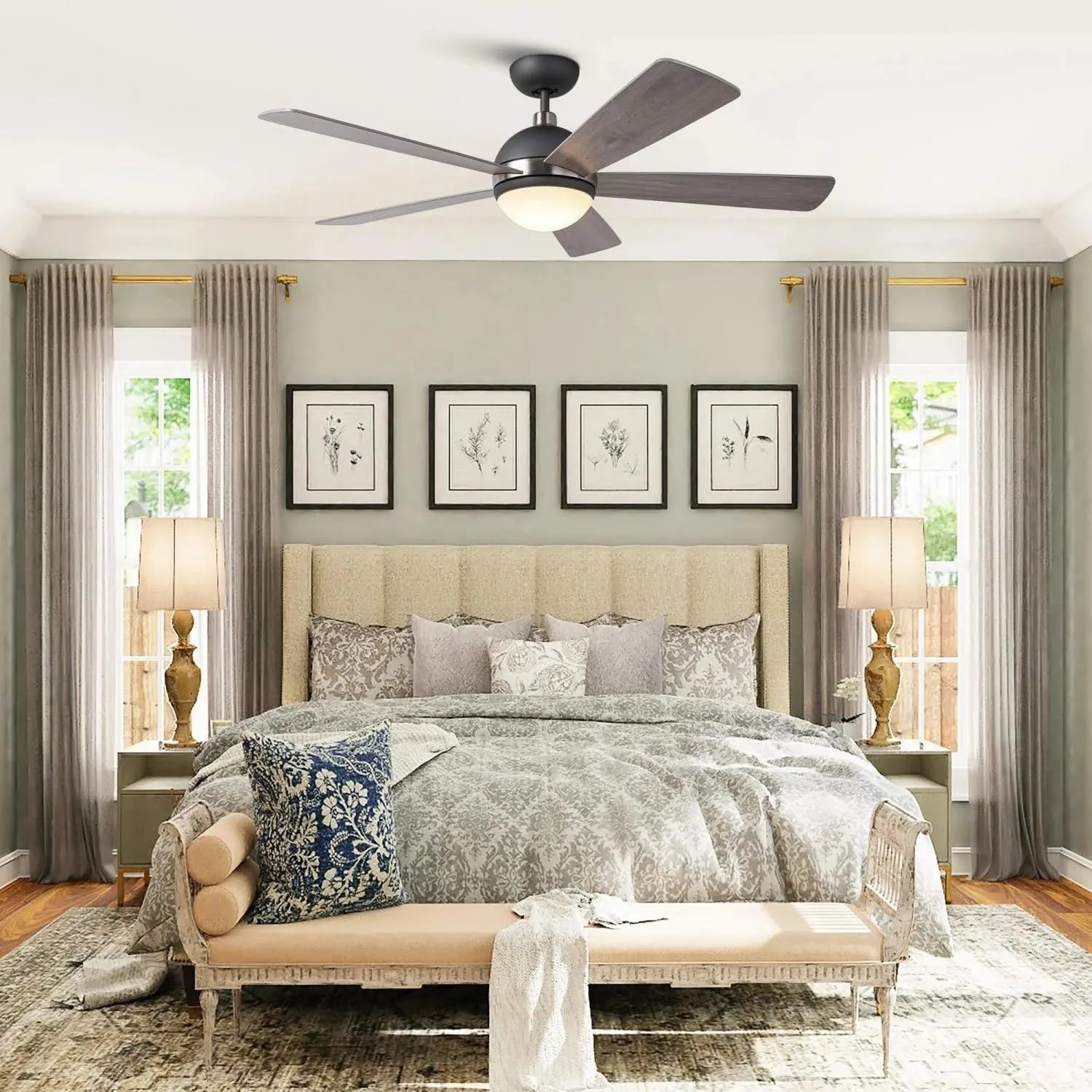 52 Inch Black Silver Ceiling Fan with Lights and Remote, Modern Ceiling Fan with Light Kit, Indoor Outdoor Ceiling Fans for Patios, Living Room, Bedroom
