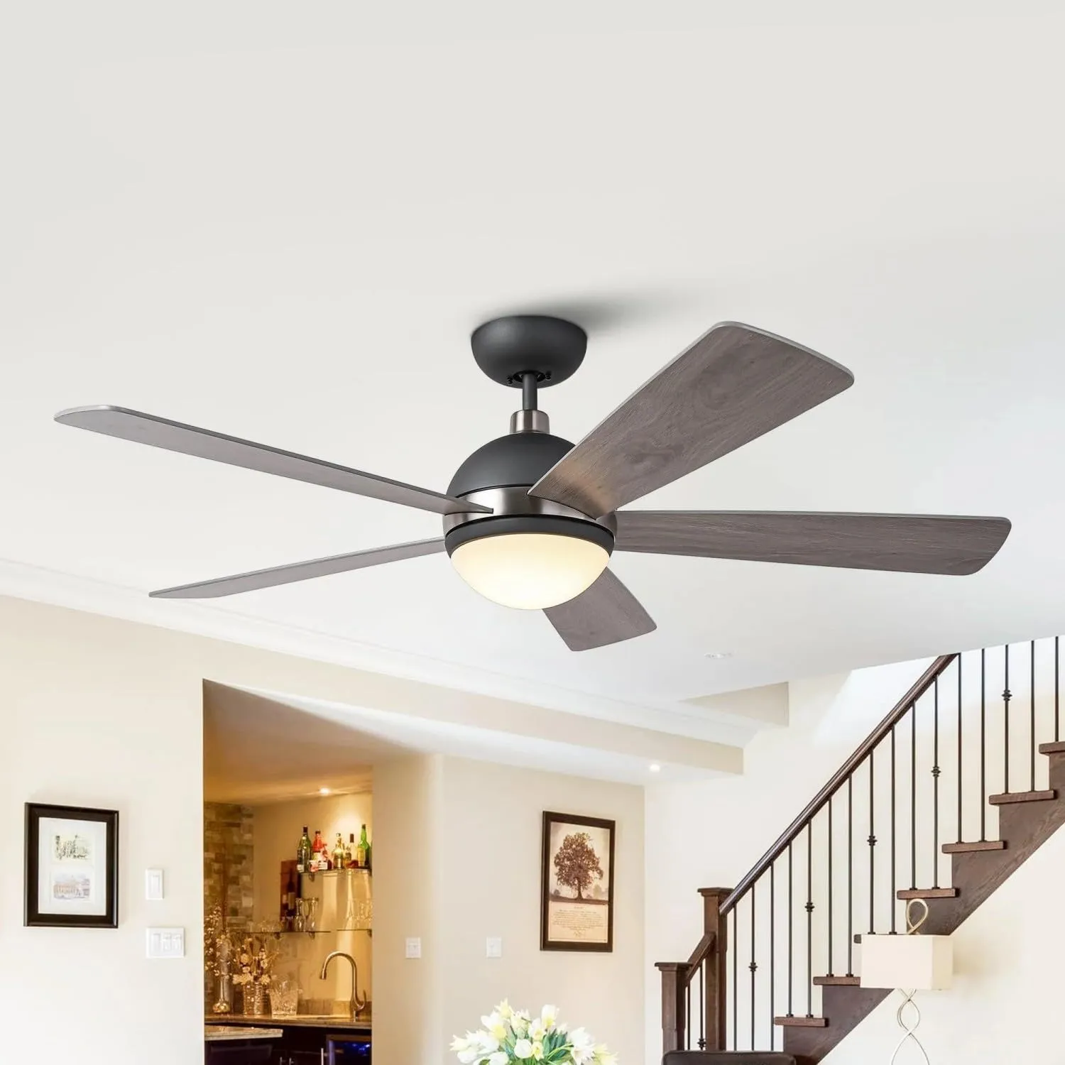 52 Inch Black Silver Ceiling Fan with Lights and Remote, Modern Ceiling Fan with Light Kit, Indoor Outdoor Ceiling Fans for Patios, Living Room, Bedroom