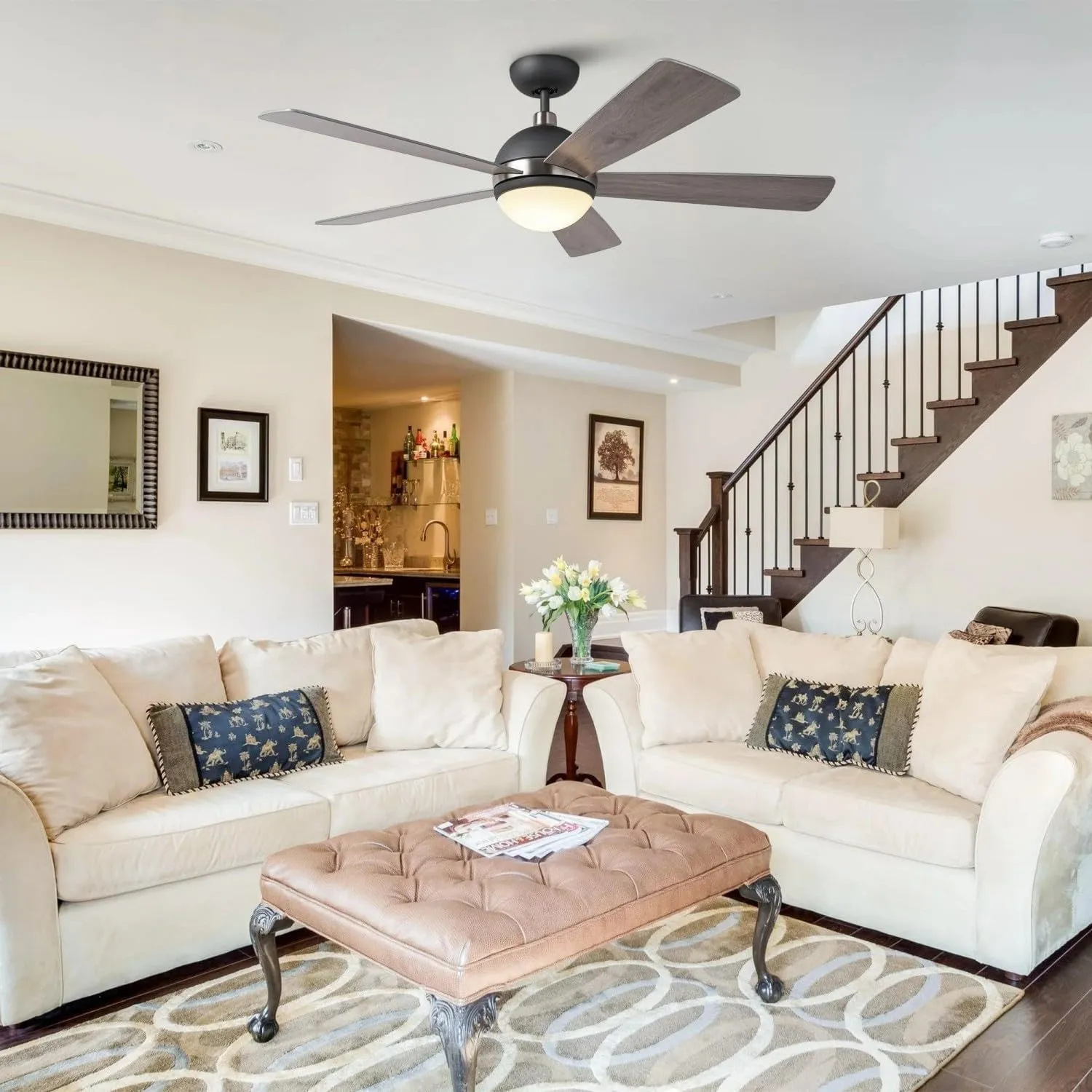 52 Inch Black Silver Ceiling Fan with Lights and Remote, Modern Ceiling Fan with Light Kit, Indoor Outdoor Ceiling Fans for Patios, Living Room, Bedroom