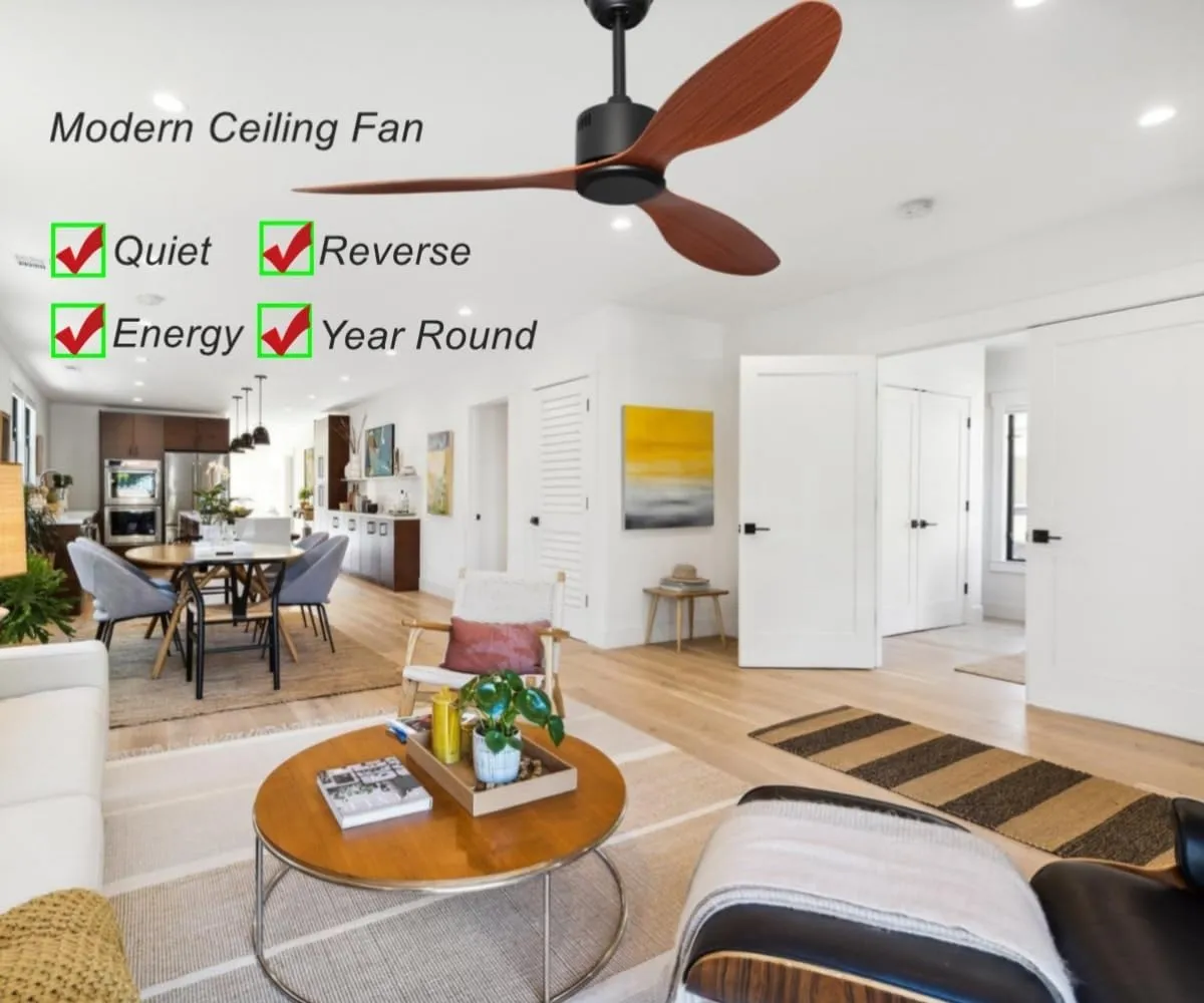 52-inch Ceiling Fan No Light with Remote 3 Blades Reversible DC Motor for Living Room Bedroom Dining Room, Modern, Brown