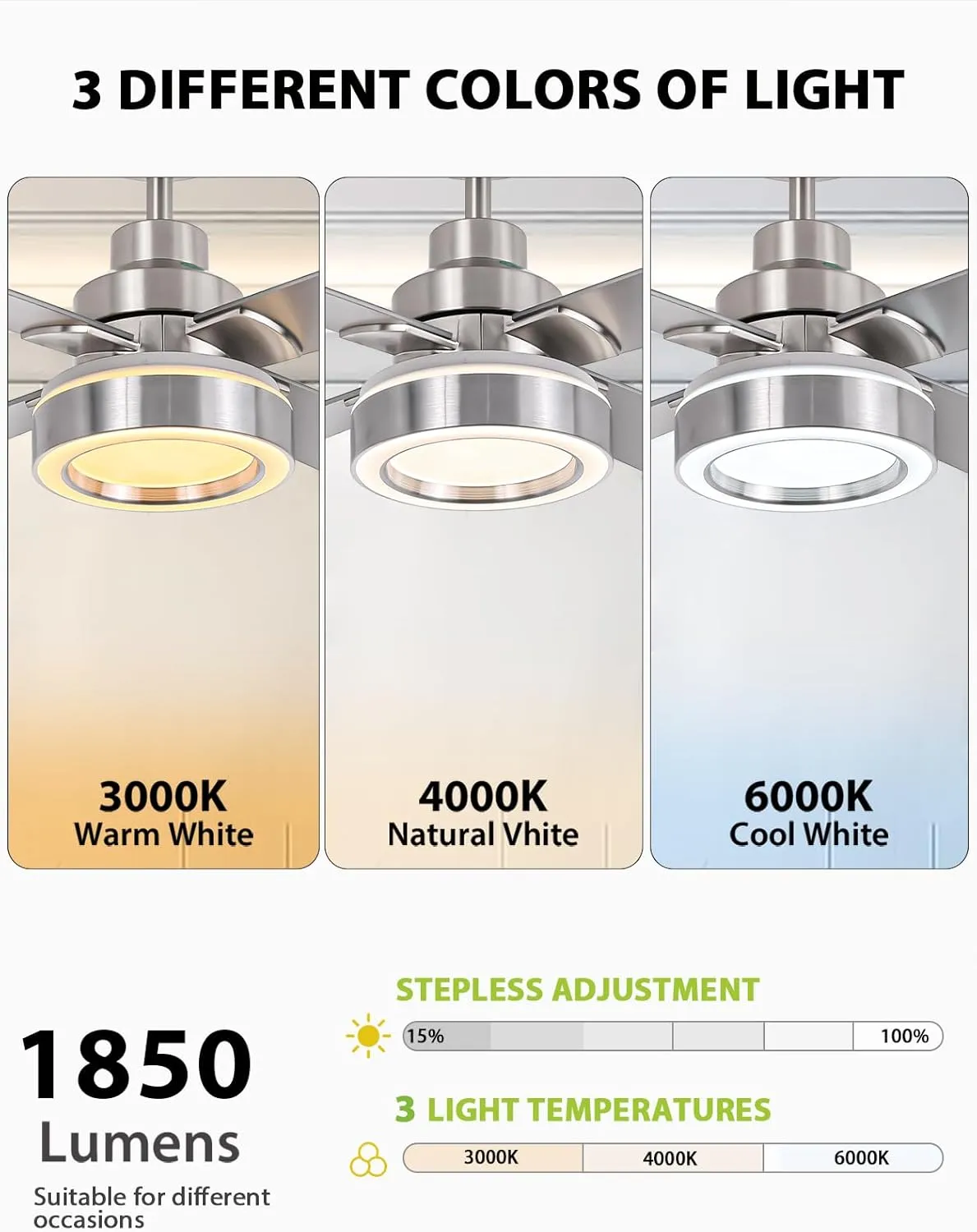52 Inch Ceiling Fan with Light and Remote, Indoor Outdoor Silver Ceiling Fan, 6-Speed, 3CCT Dimmable, DC Motor, Timer, Modern Nickel Ceiling Fans with Lights for Bedroom Living Room Kitchen