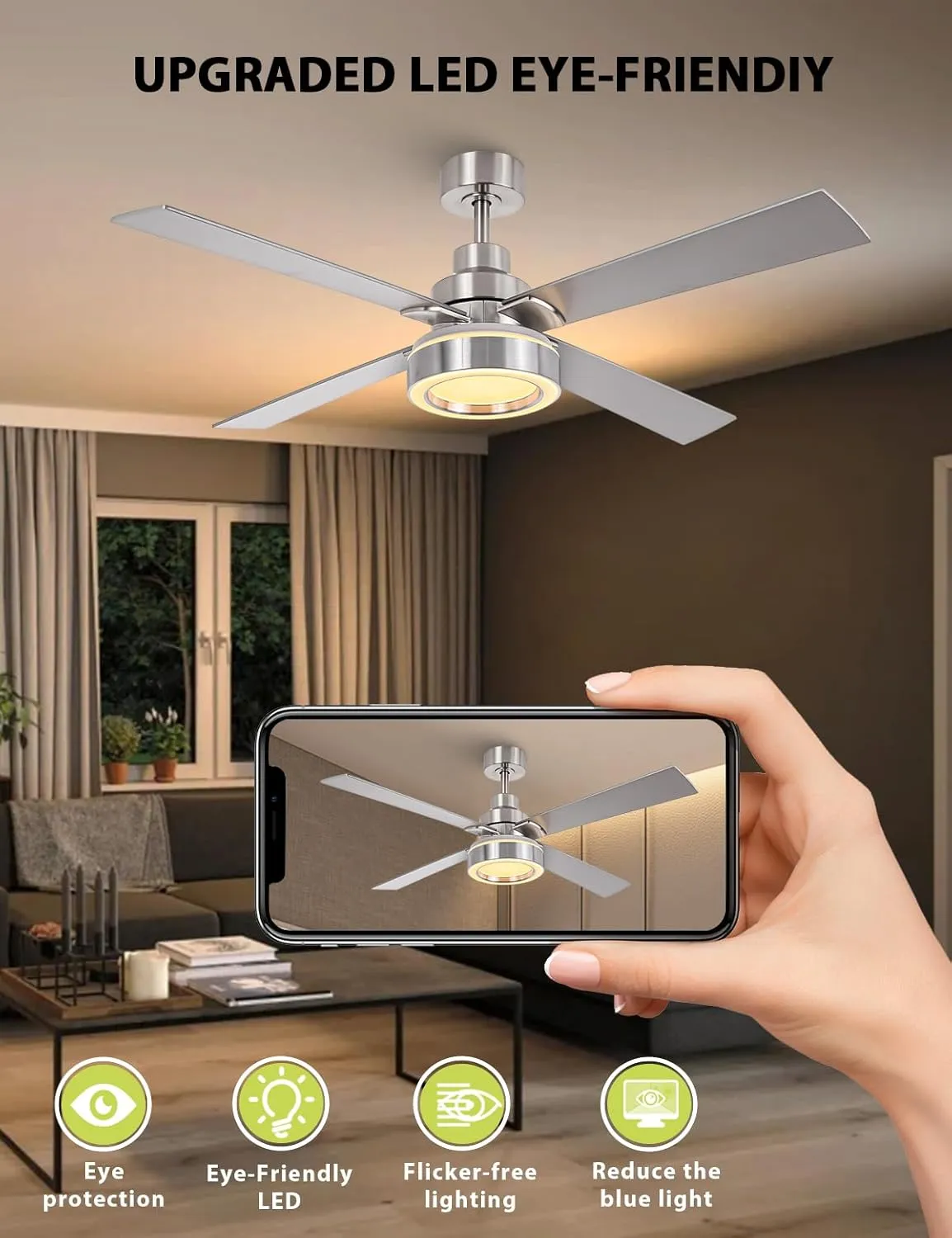 52 Inch Ceiling Fan with Light and Remote, Indoor Outdoor Silver Ceiling Fan, 6-Speed, 3CCT Dimmable, DC Motor, Timer, Modern Nickel Ceiling Fans with Lights for Bedroom Living Room Kitchen