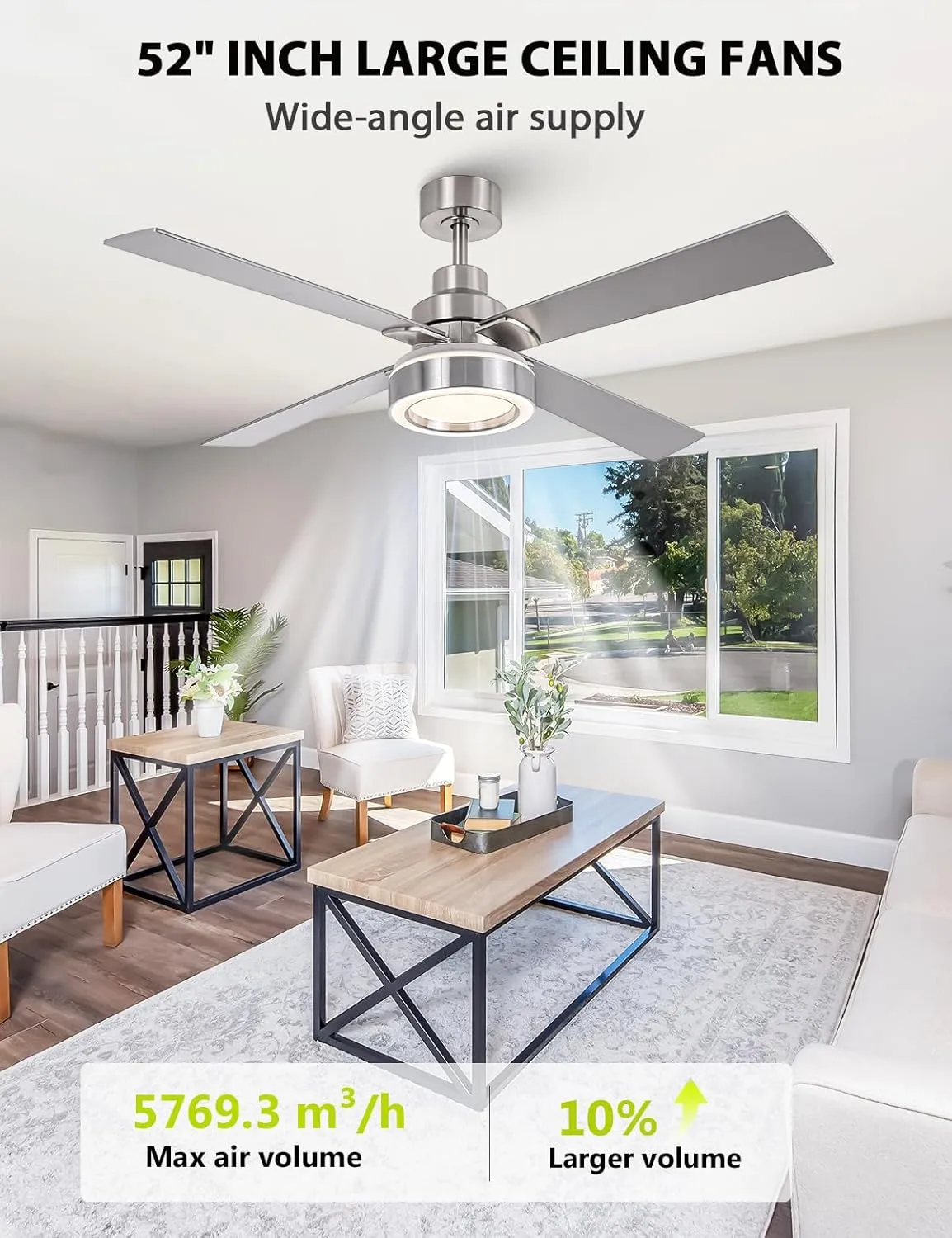 52 Inch Ceiling Fan with Light and Remote, Indoor Outdoor Silver Ceiling Fan, 6-Speed, 3CCT Dimmable, DC Motor, Timer, Modern Nickel Ceiling Fans with Lights for Bedroom Living Room Kitchen